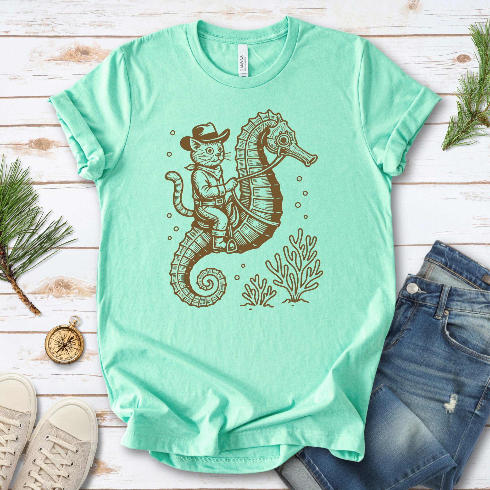 Cowboy Cat Seahorse T-Shirt – Retro Ocean Rodeo Animal Lover Tee