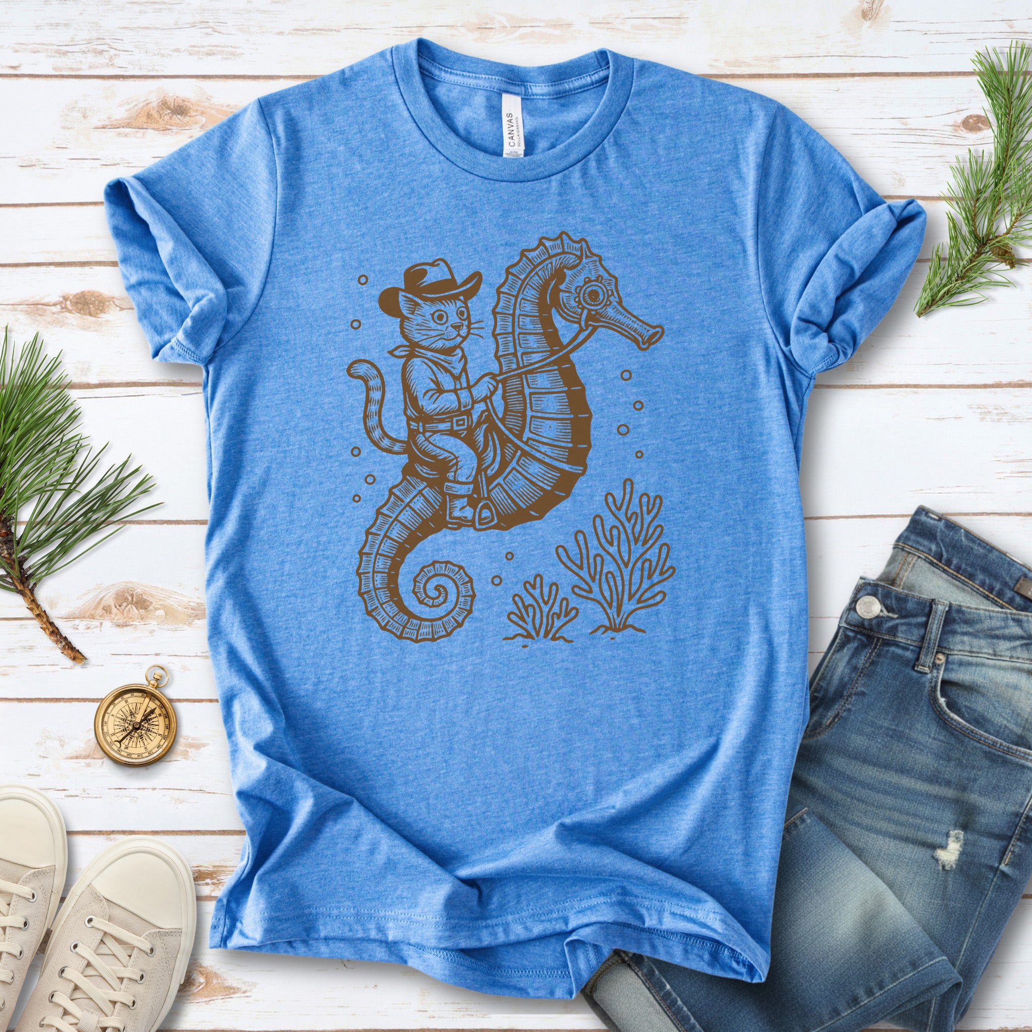 Cowboy Cat Seahorse T-Shirt – Retro Ocean Rodeo Animal Lover Tee