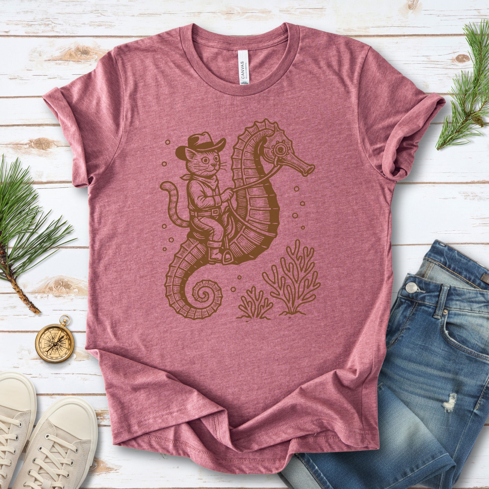 Cowboy Cat Seahorse T-Shirt – Retro Ocean Rodeo Animal Lover Tee