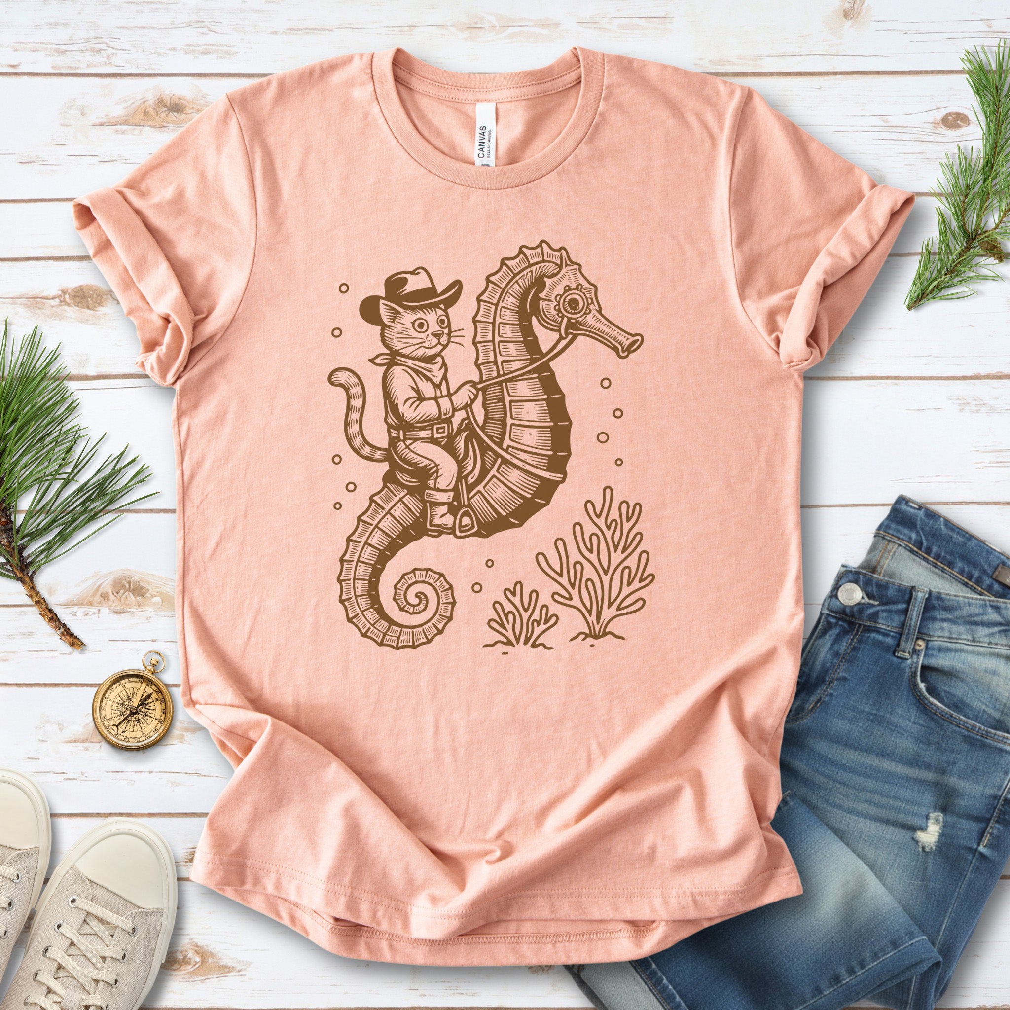 Cowboy Cat Seahorse T-Shirt – Retro Ocean Rodeo Animal Lover Tee