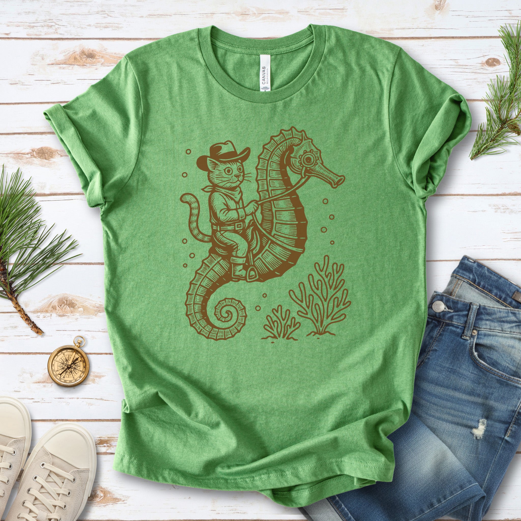 Cowboy Cat Seahorse T-Shirt – Retro Ocean Rodeo Animal Lover Tee