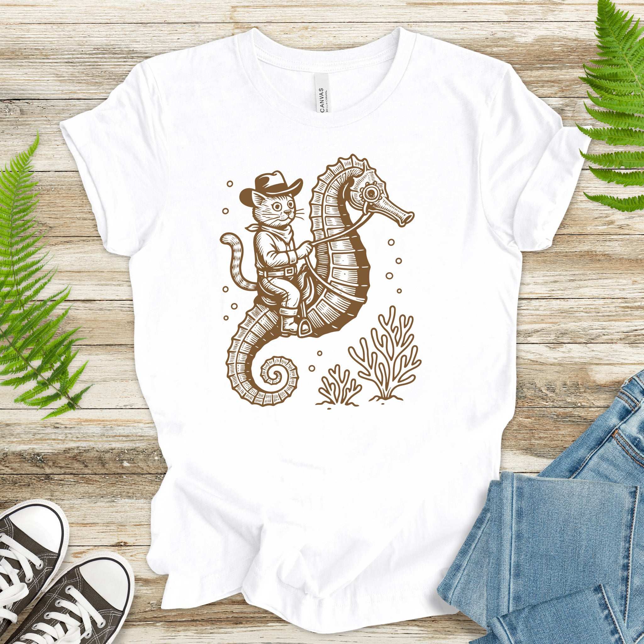 Cowboy Cat Seahorse T-Shirt – Retro Ocean Rodeo Animal Lover Tee