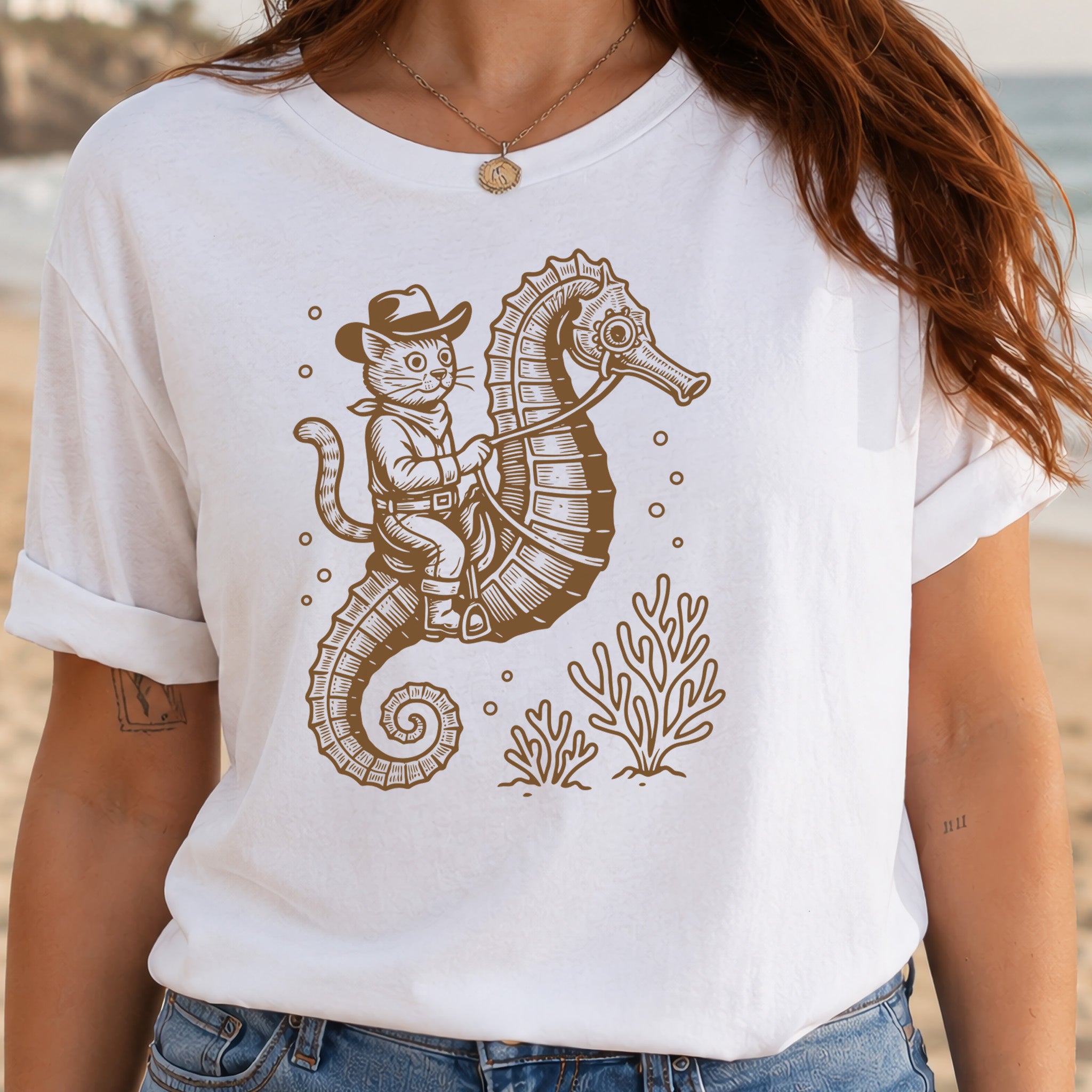 Cowboy Cat Seahorse T-Shirt – Retro Ocean Rodeo Animal Lover Tee