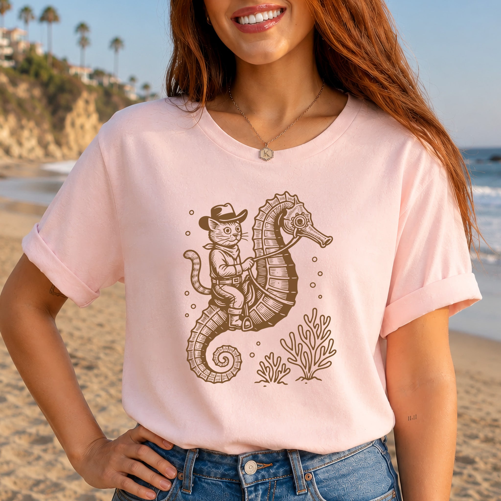 Cowboy Cat Seahorse T-Shirt – Retro Ocean Rodeo Animal Lover Tee