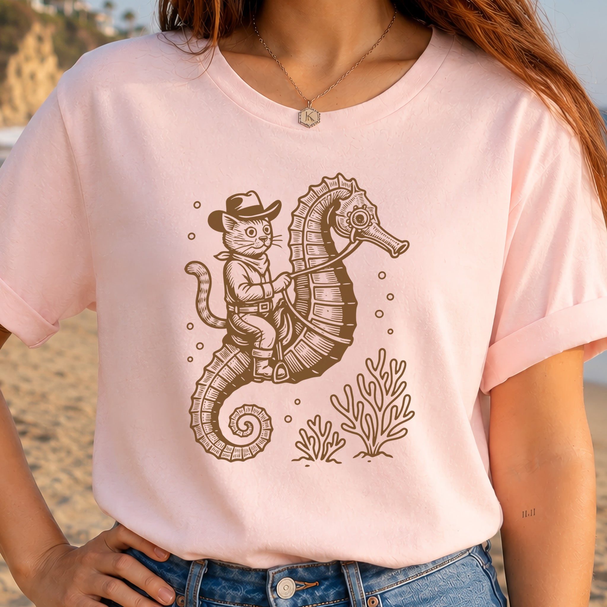 Cowboy Cat Seahorse T-Shirt – Retro Ocean Rodeo Animal Lover Tee