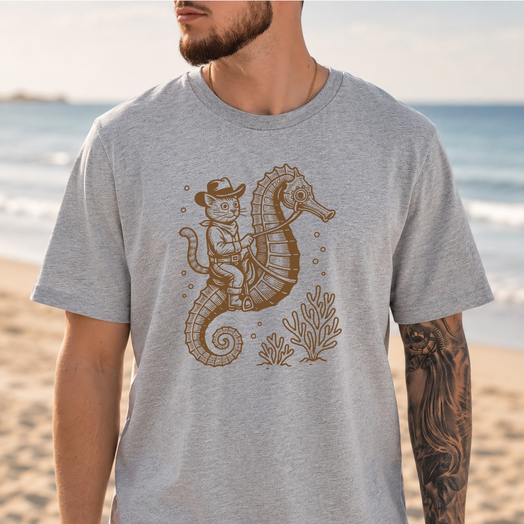 Cowboy Cat Seahorse T-Shirt – Retro Ocean Rodeo Animal Lover Tee