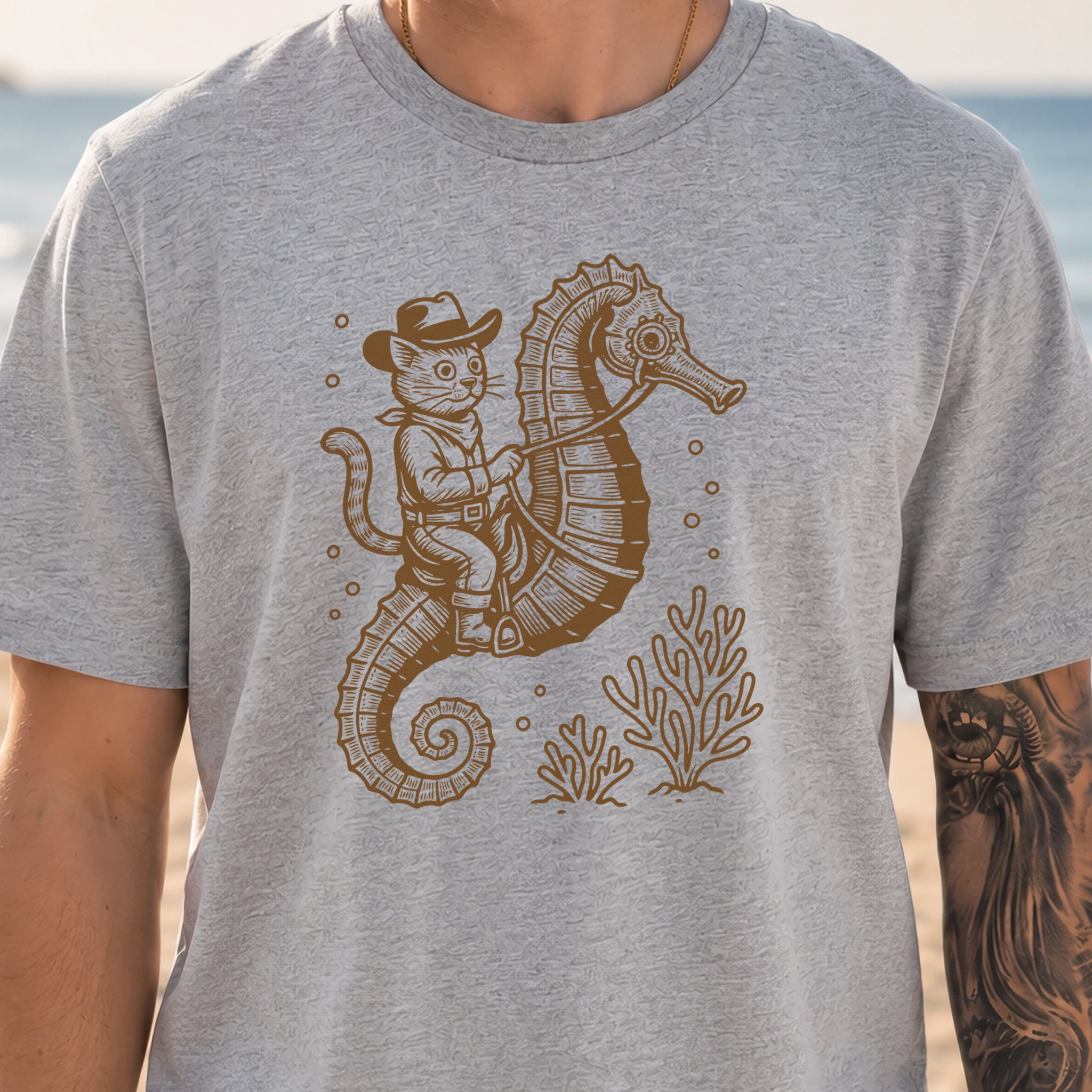 Cowboy Cat Seahorse T-Shirt – Retro Ocean Rodeo Animal Lover Tee