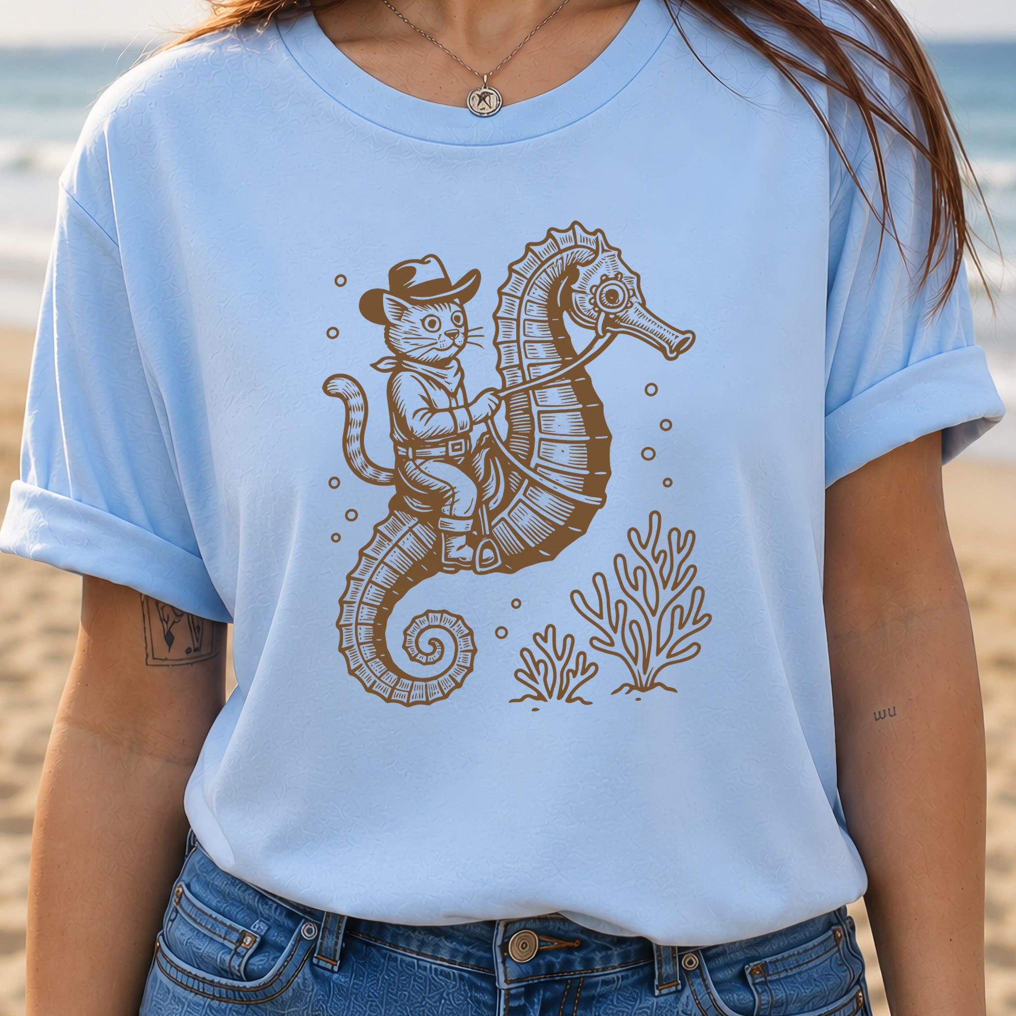 Cowboy Cat Seahorse T-Shirt – Retro Ocean Rodeo Animal Lover Tee