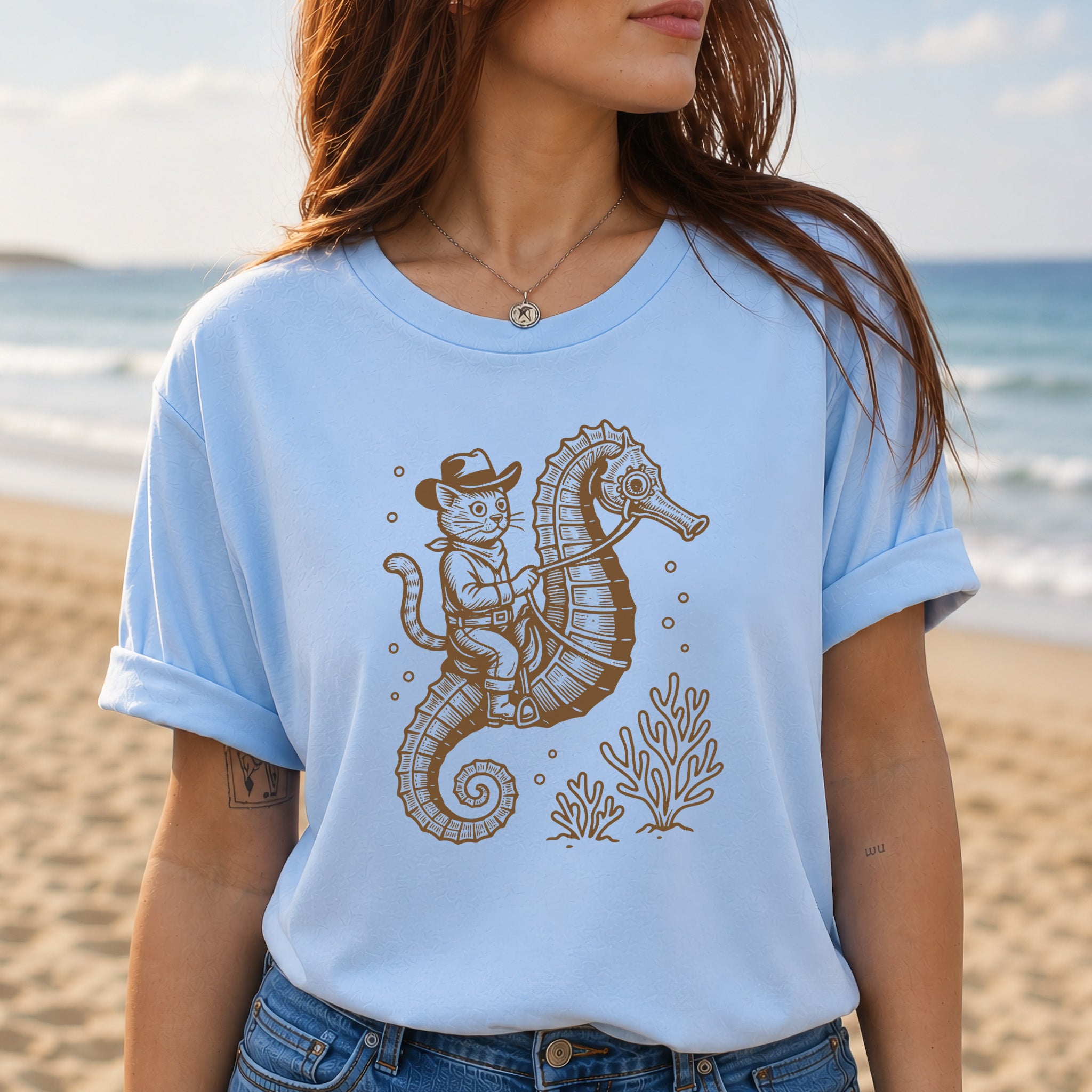 Cowboy Cat Seahorse T-Shirt – Retro Ocean Rodeo Animal Lover Tee