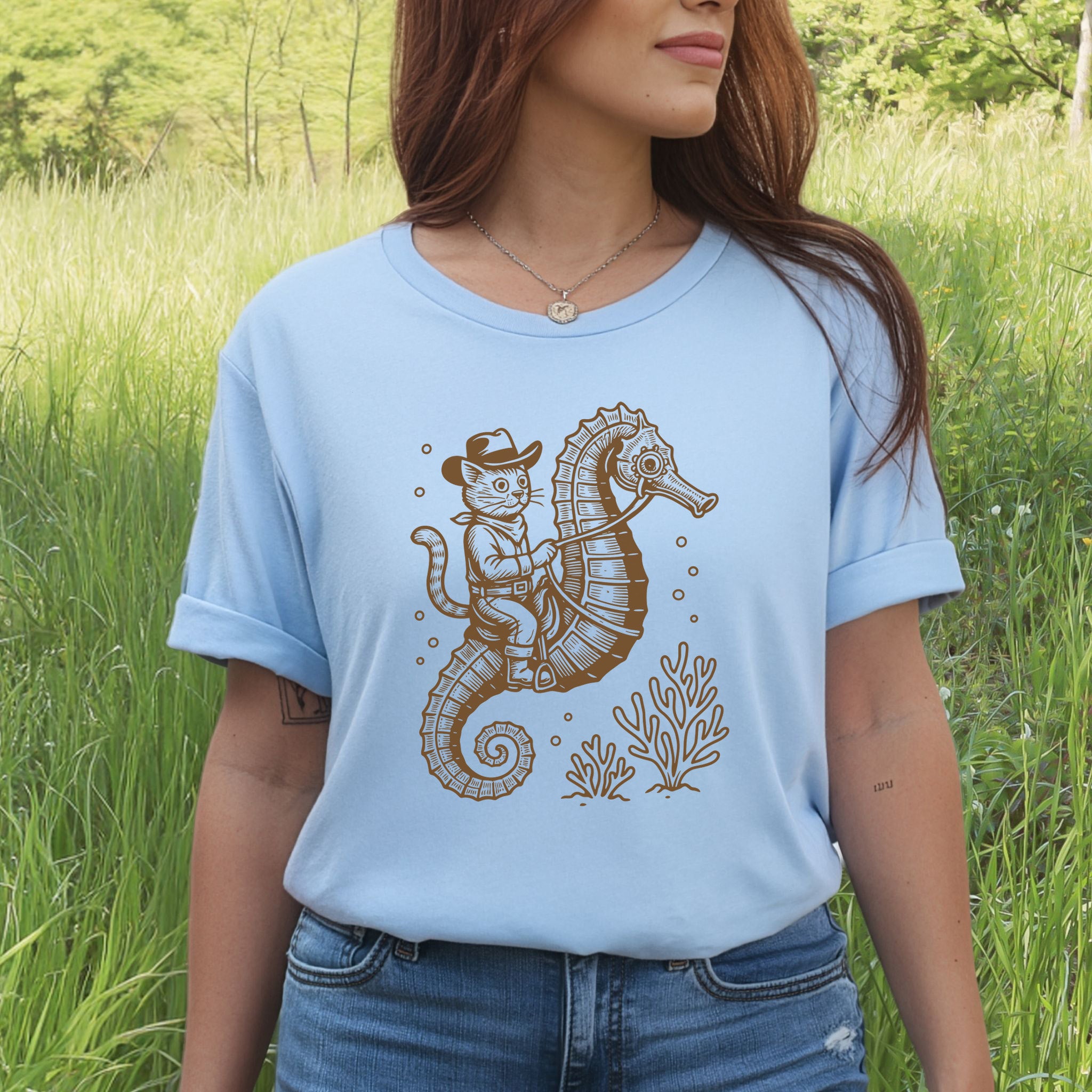 Cowboy Cat Seahorse T-Shirt – Retro Ocean Rodeo Animal Lover Tee