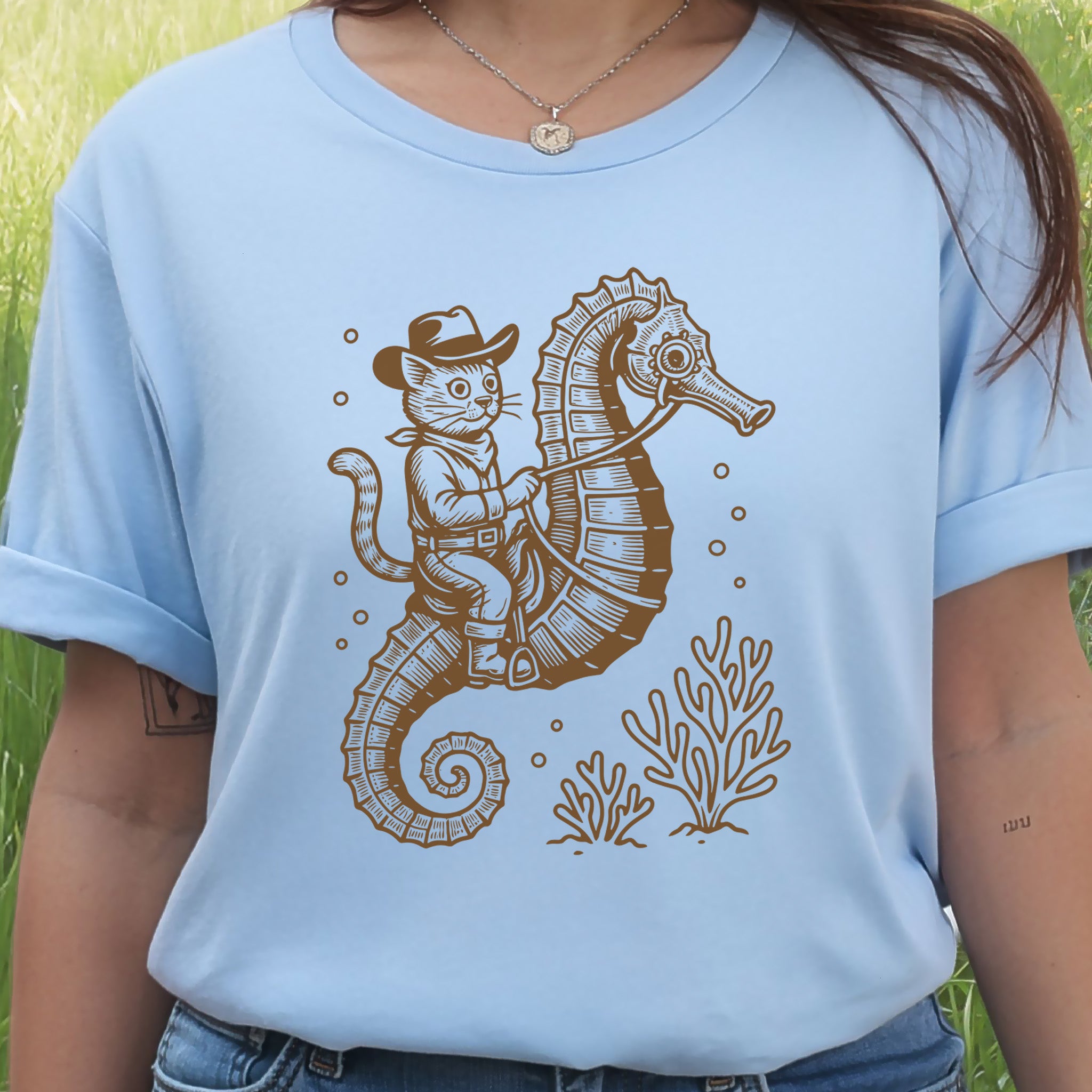 Cowboy Cat Seahorse T-Shirt – Retro Ocean Rodeo Animal Lover Tee