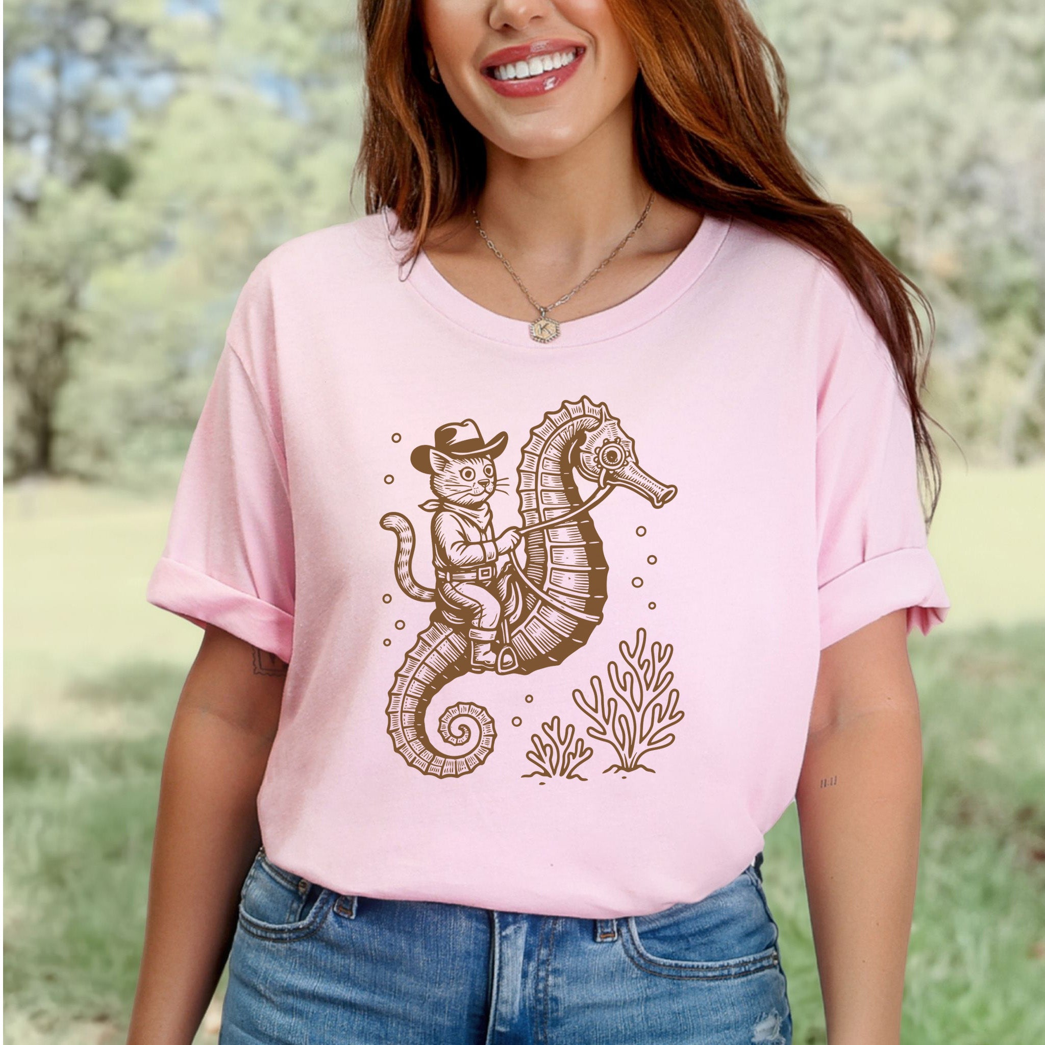 Cowboy Cat Seahorse T-Shirt – Retro Ocean Rodeo Animal Lover Tee
