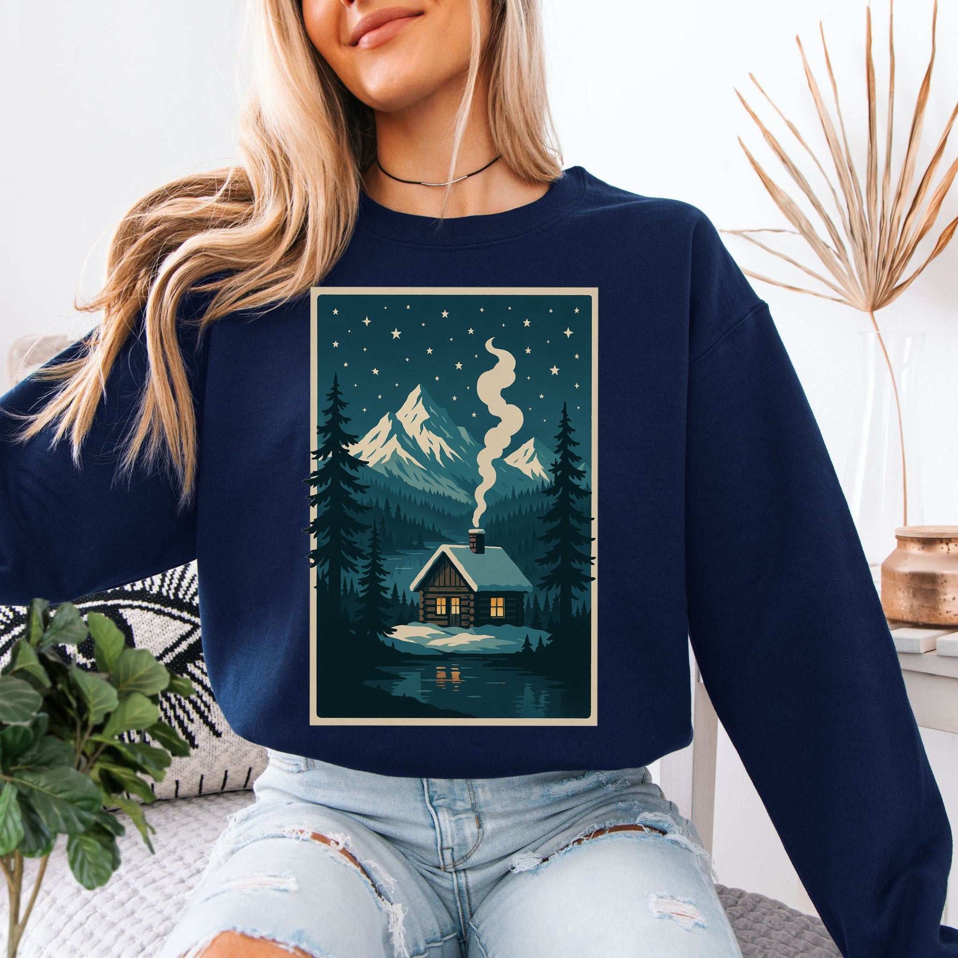 Cozy Cabin Christmas Sweatshirt – Winter Stars & Holiday Escape Vibes