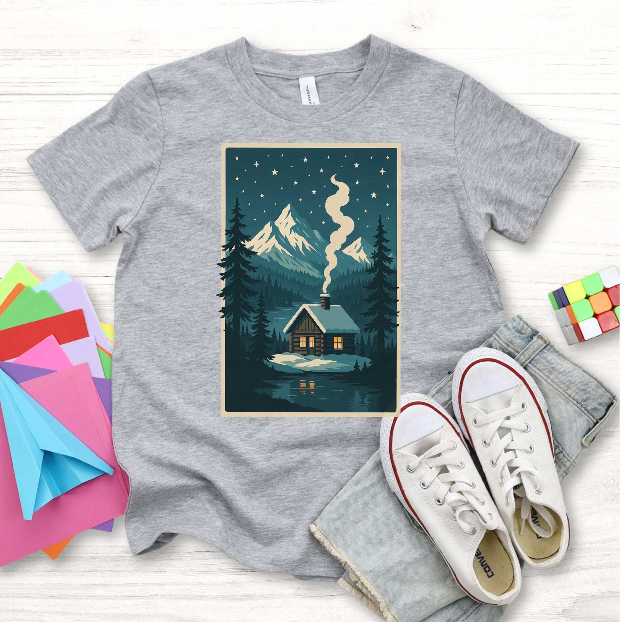 Cozy Cabin Christmas Youth Tee – Winter Stars & Holiday Escape Vibes