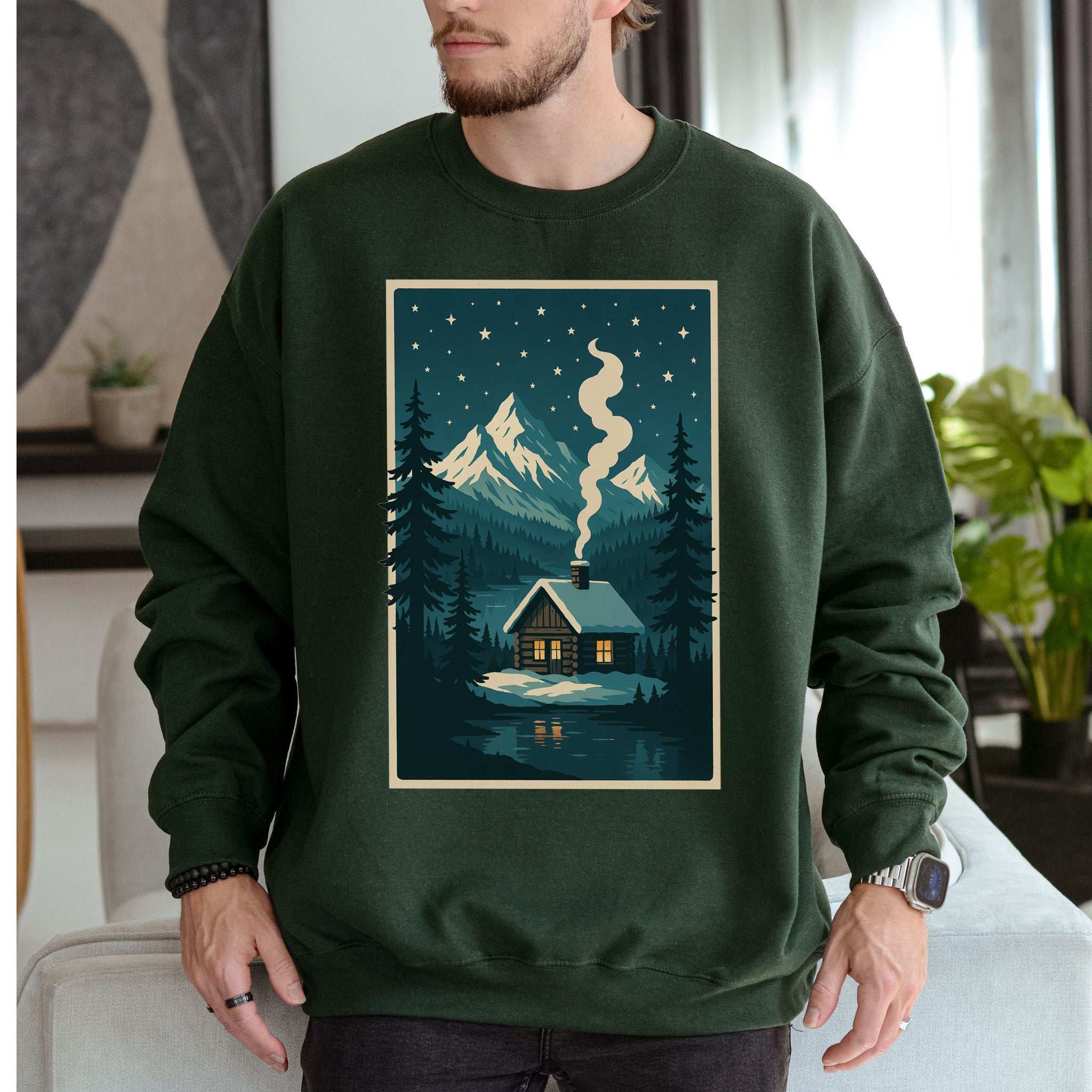 Cozy Cabin Christmas Sweatshirt – Winter Stars & Holiday Escape Vibes