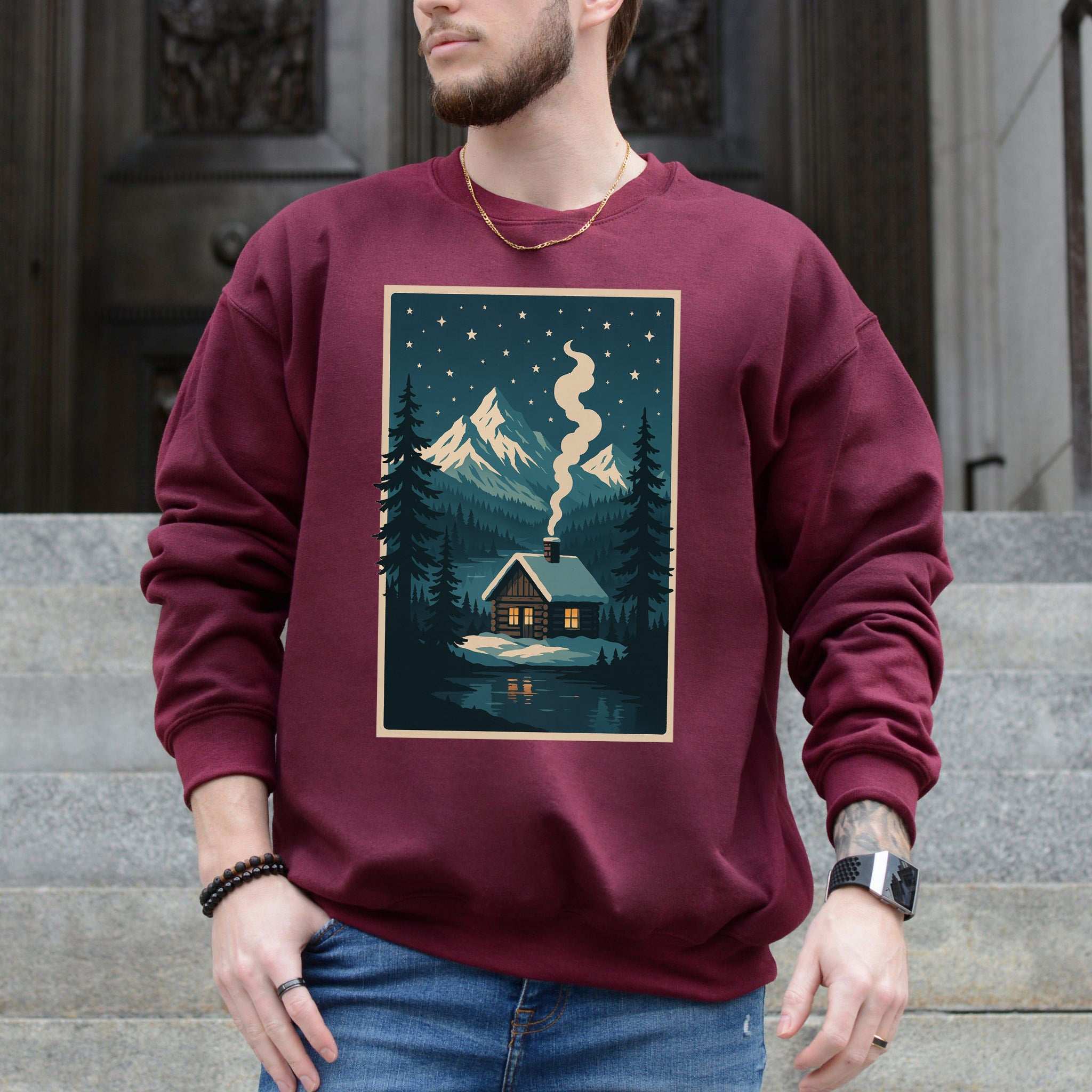 Cozy Cabin Christmas Sweatshirt – Winter Stars & Holiday Escape Vibes