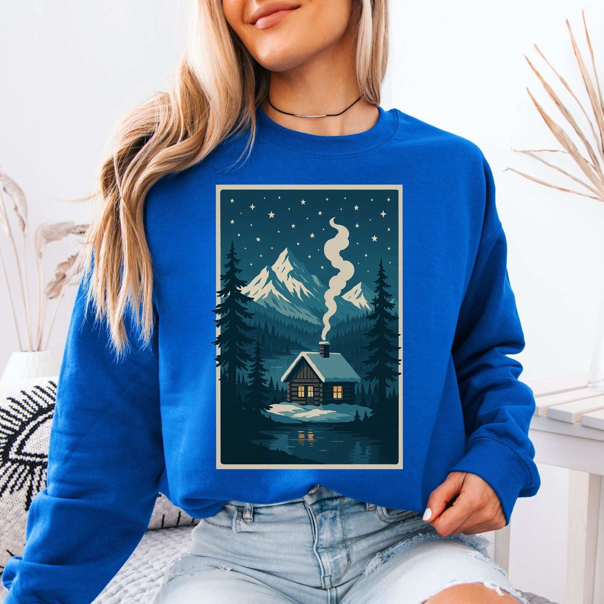 Cozy Cabin Christmas Sweatshirt – Winter Stars & Holiday Escape Vibes