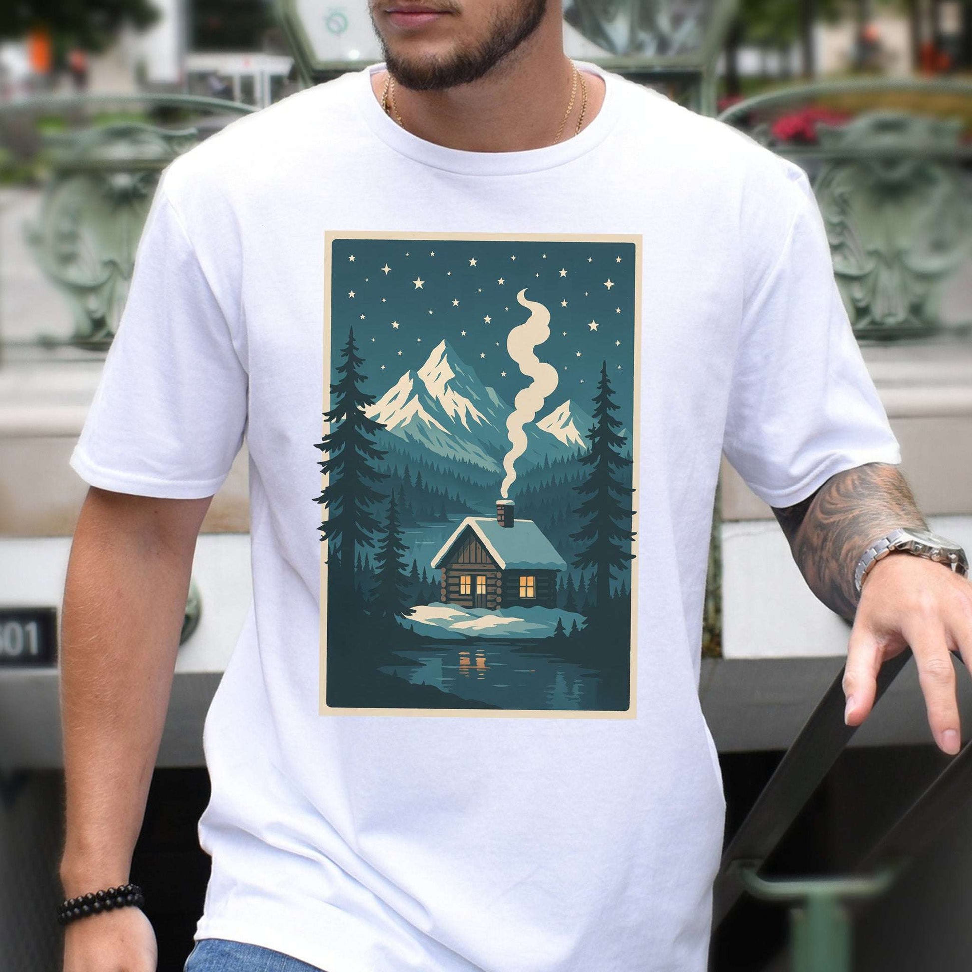 Cozy Cabin Christmas T-Shirt – Winter Stars & Holiday Escape Vibes