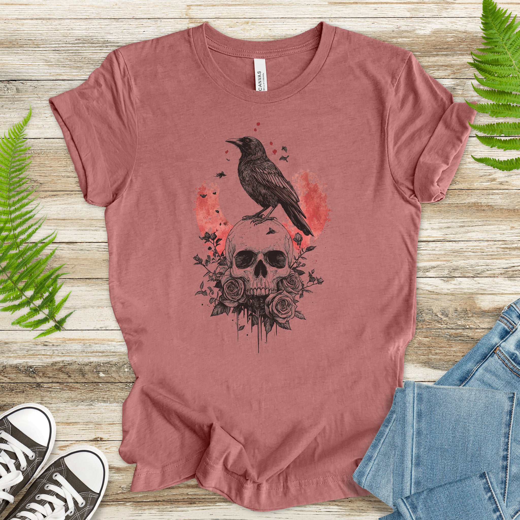 Crow and Skull T-Shirt – Gothic Japanese Rose Raven Art Tee