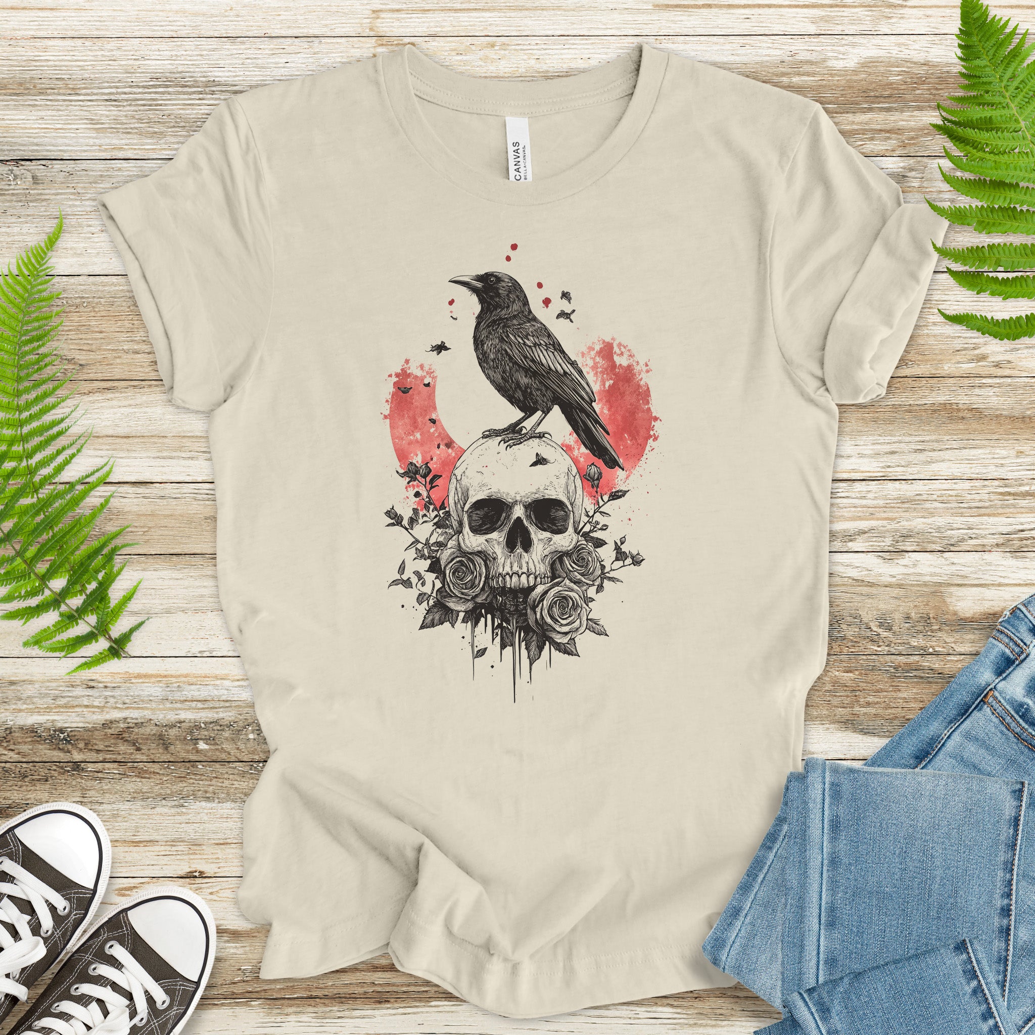 Crow and Skull T-Shirt – Gothic Japanese Rose Raven Art Tee