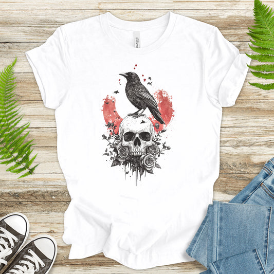 Crow and Skull T-Shirt – Gothic Japanese Rose Raven Art Tee