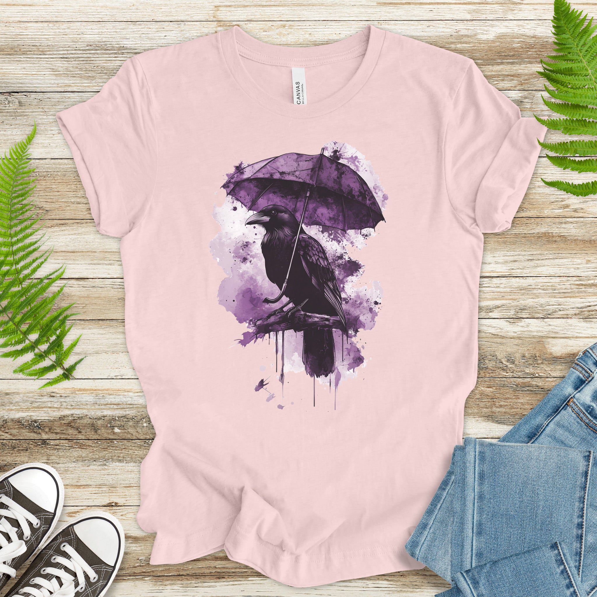 Crow with Umbrella T-Shirt – Moody Watercolor Raven Rain Lover Tee