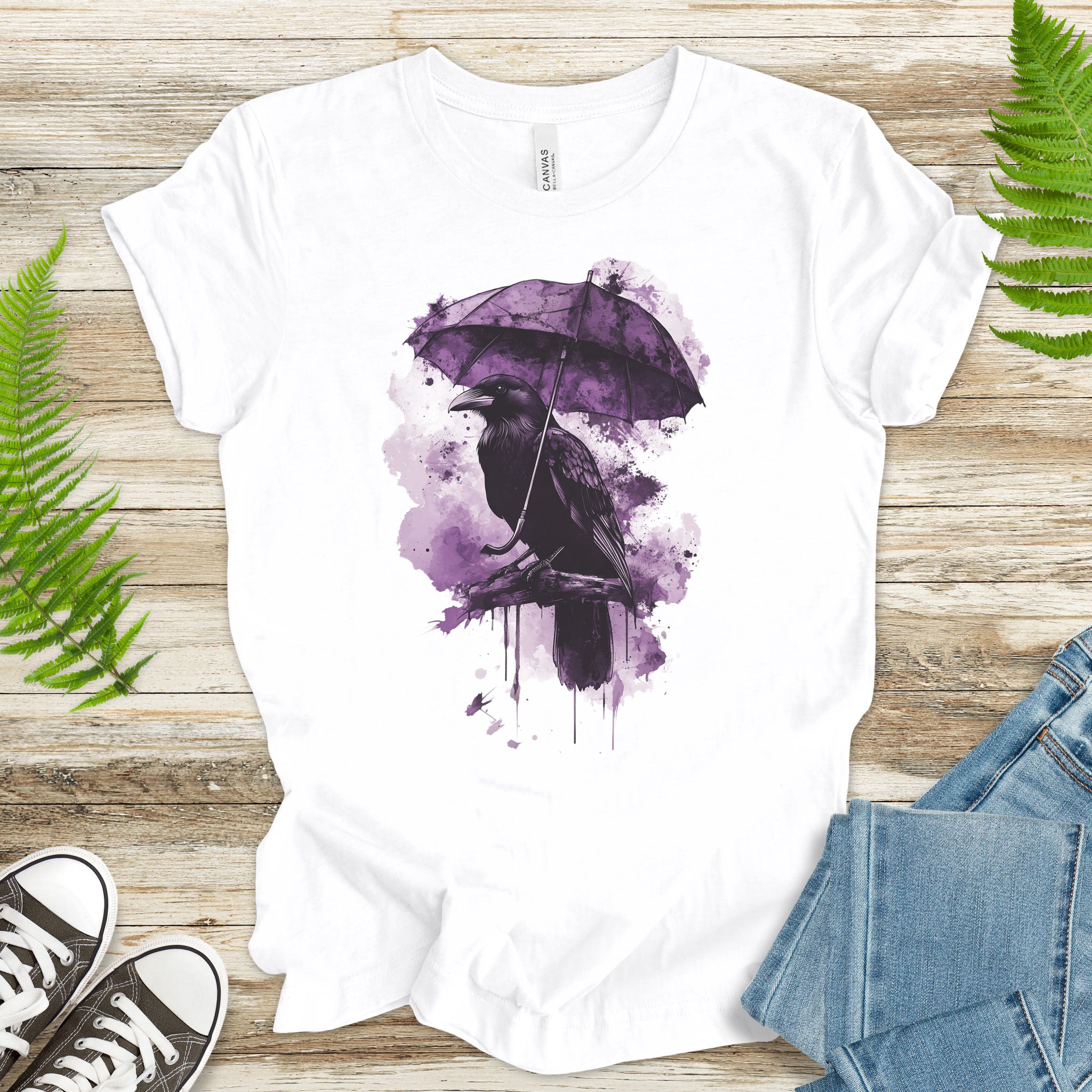 Crow with Umbrella T-Shirt – Moody Watercolor Raven Rain Lover Tee