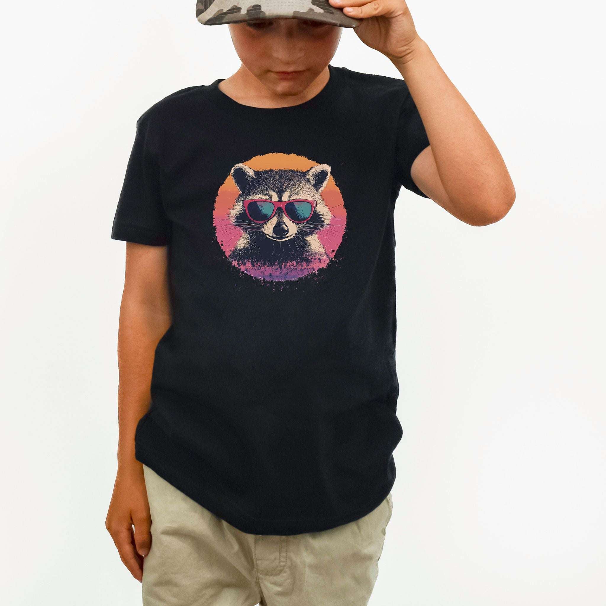 Retro Raccoon & Vintage Sun – Sneaky-Cute Bandit Youth Tee
