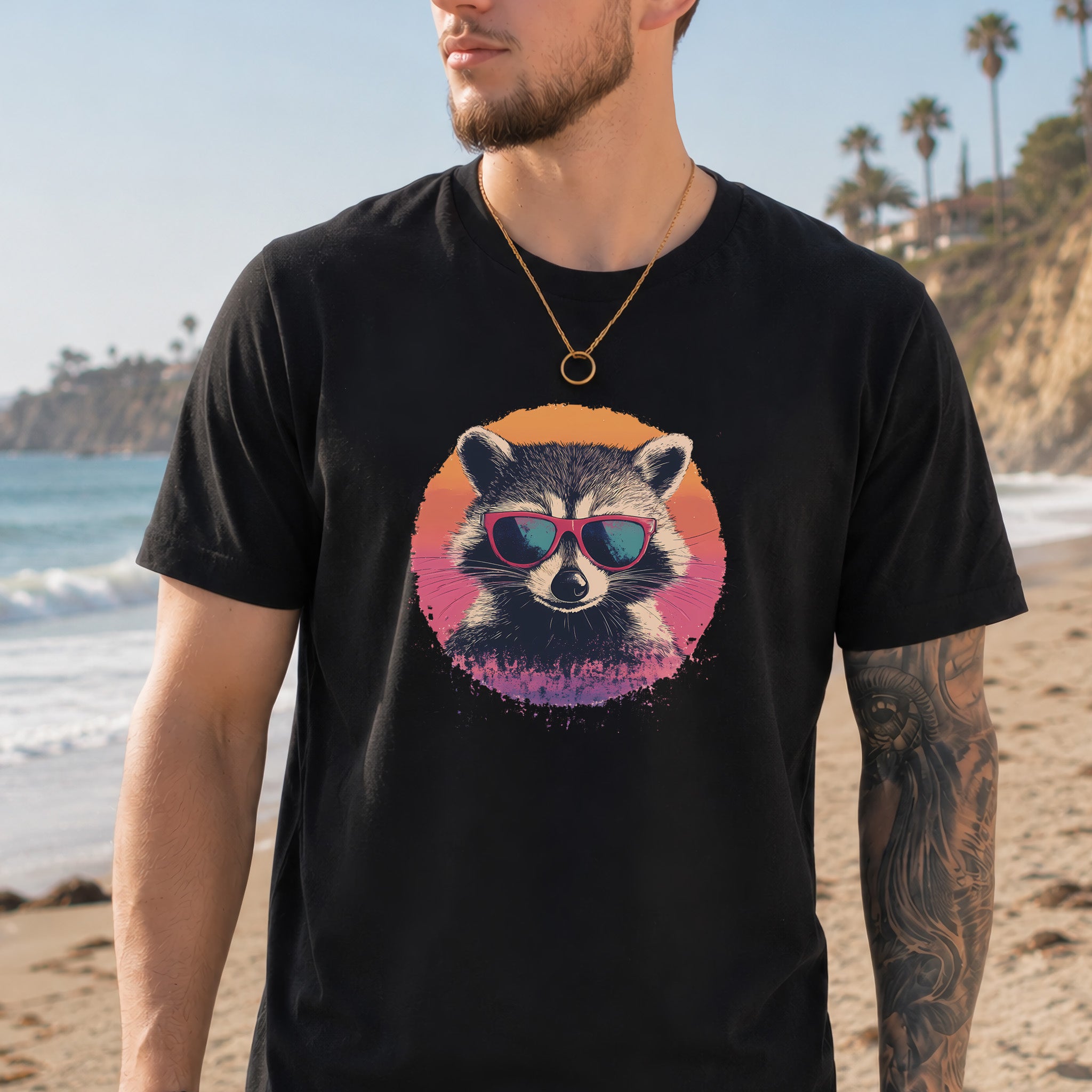 Retro Raccoon & Vintage Sun T-Shirt
