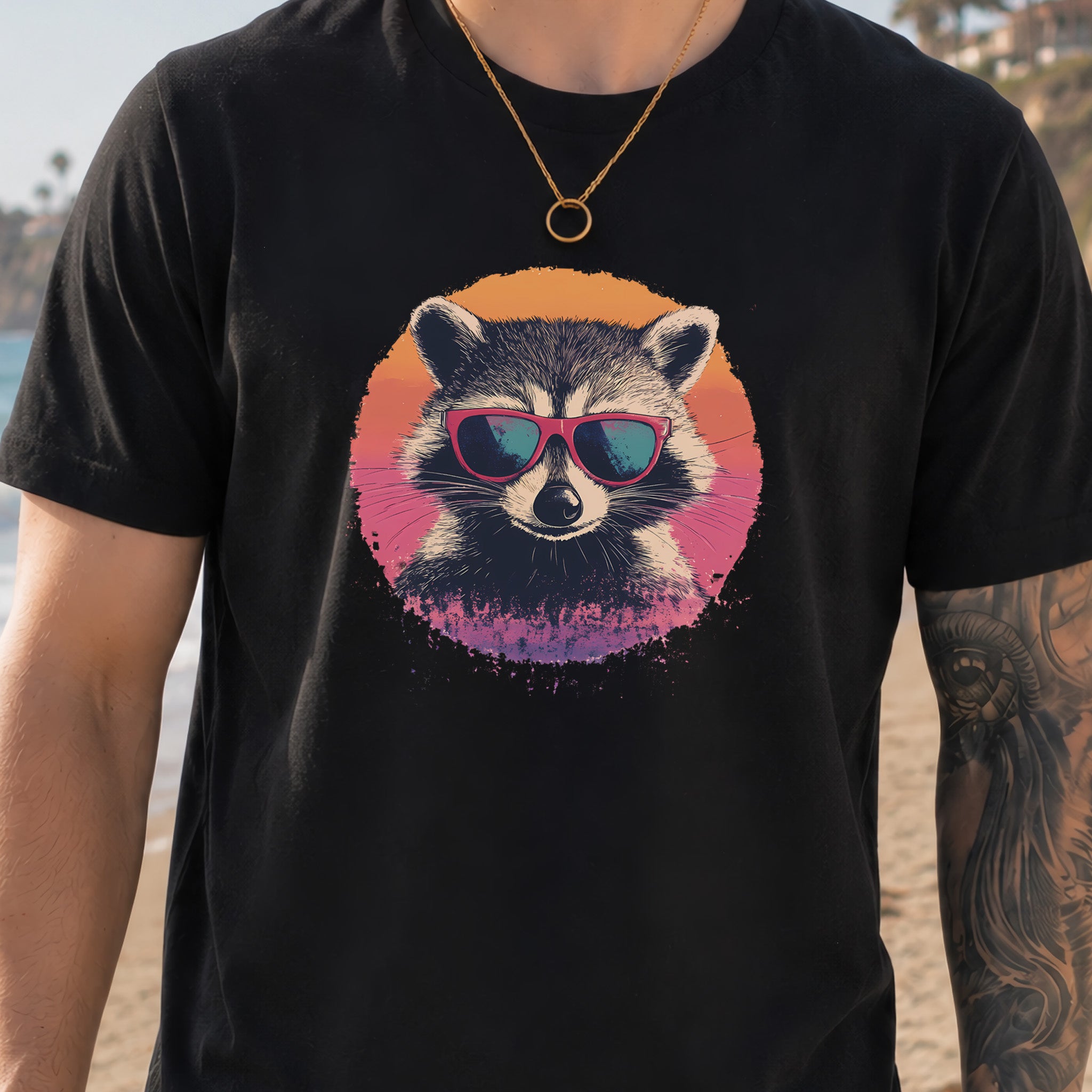 Retro Raccoon & Vintage Sun T-Shirt