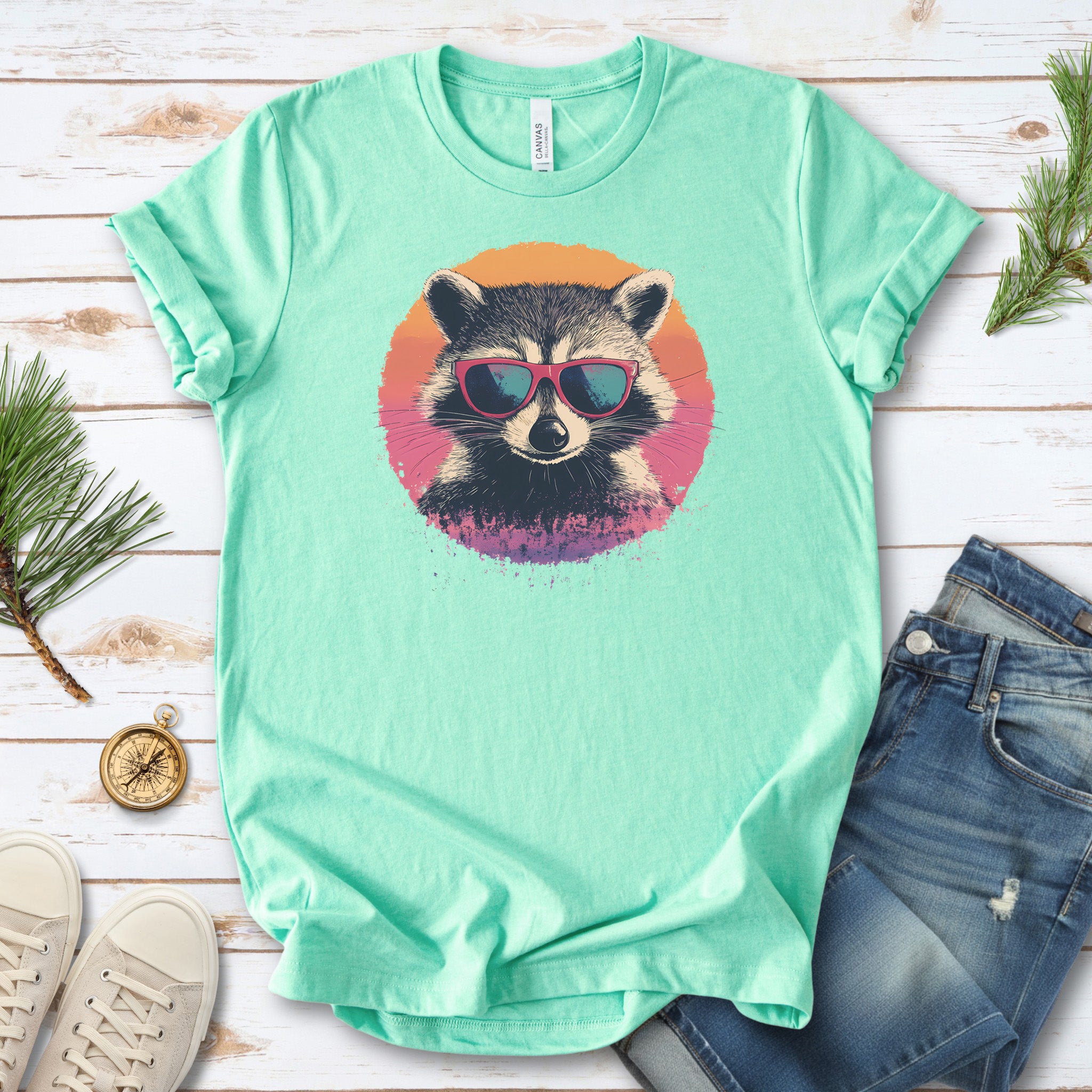 Retro Raccoon & Vintage Sun T-Shirt