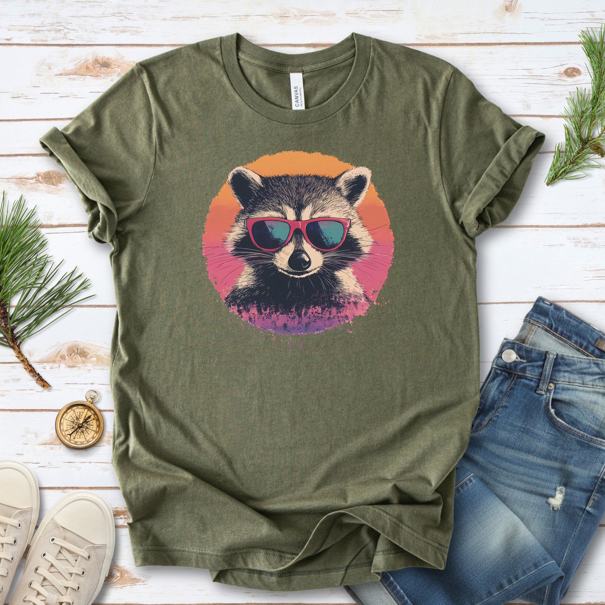 Retro Raccoon & Vintage Sun T-Shirt