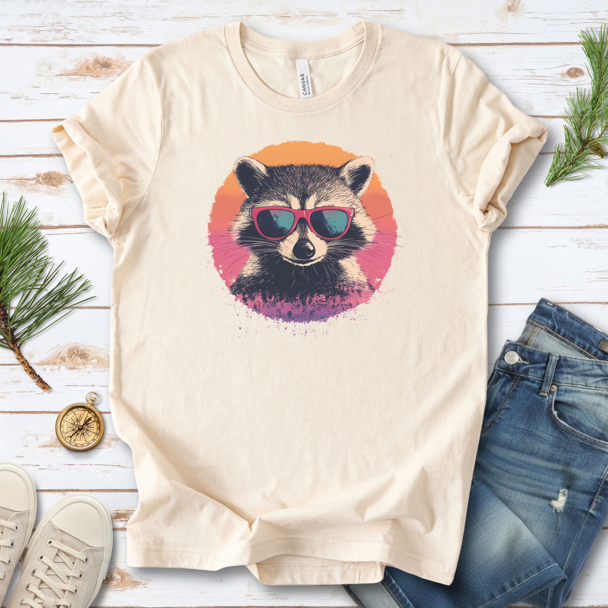 Retro Raccoon & Vintage Sun T-Shirt