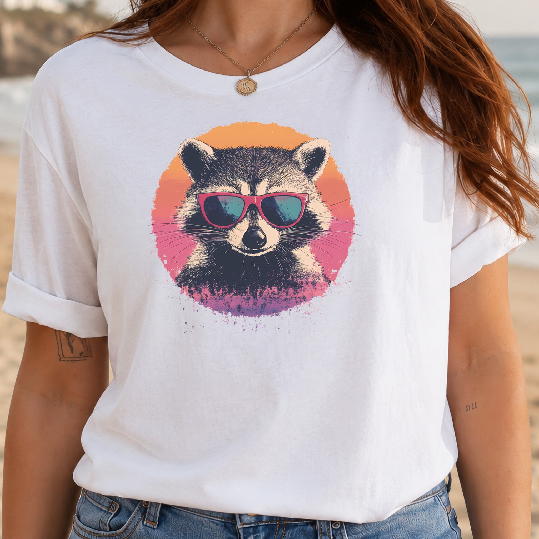 Retro Raccoon & Vintage Sun T-Shirt