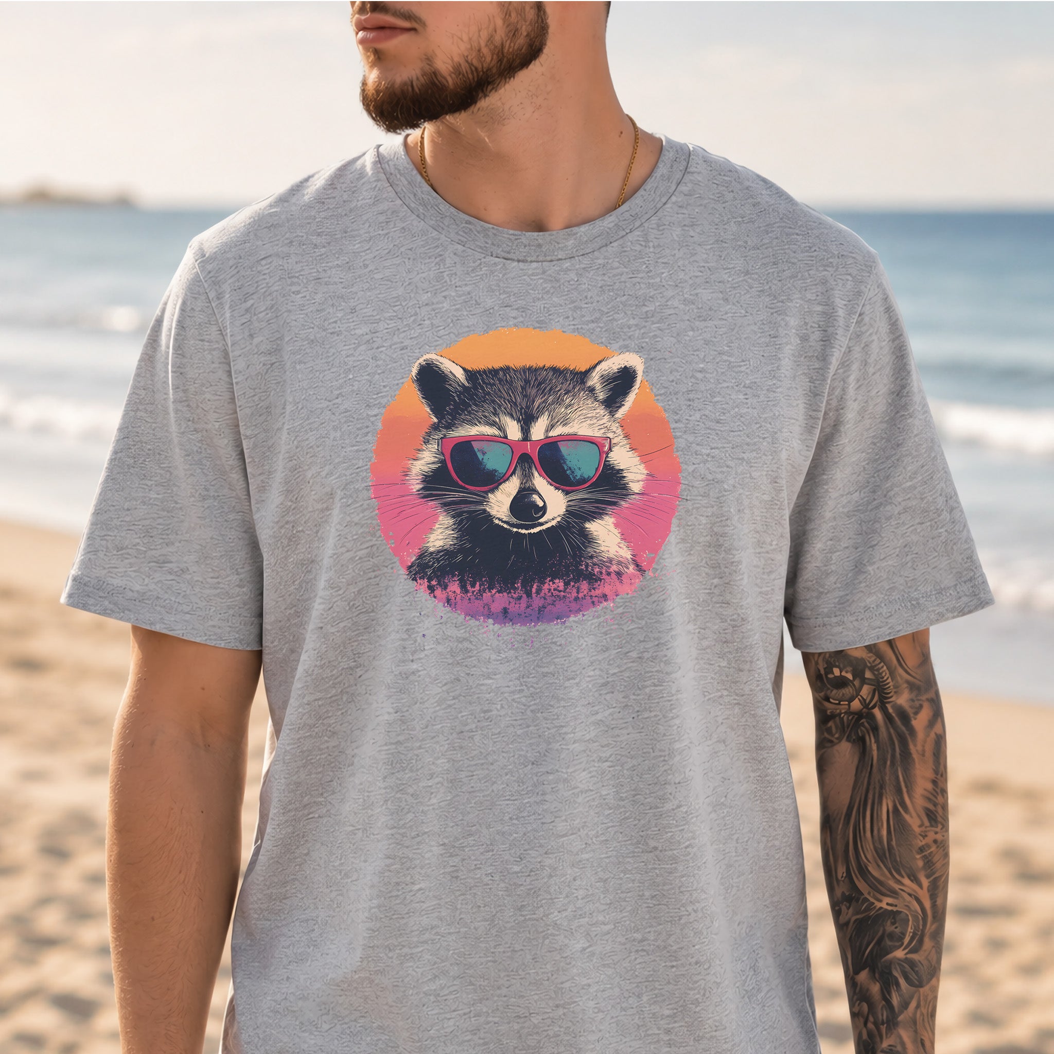 Retro Raccoon & Vintage Sun T-Shirt