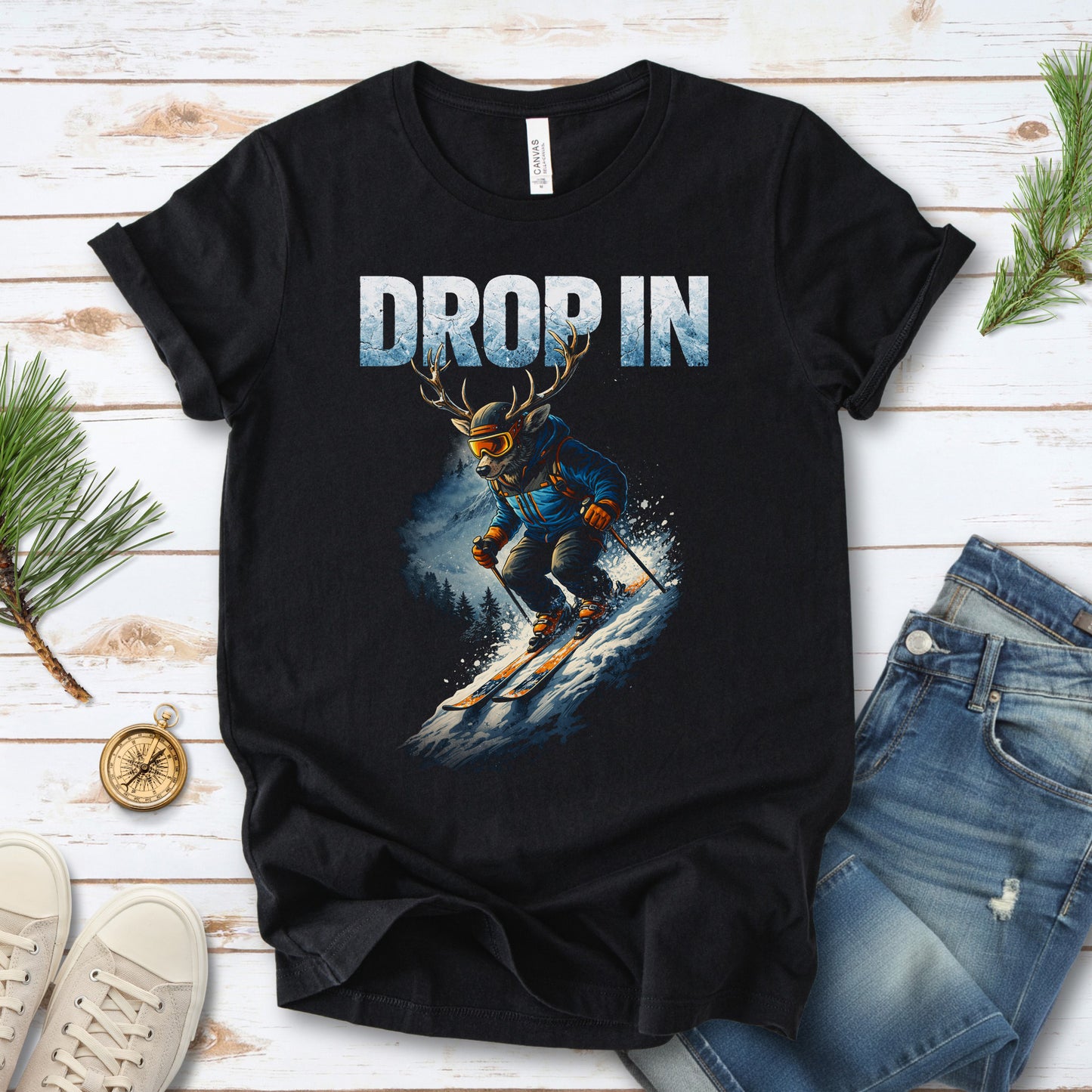 Drop In Retro Skiing Animal Adventure Winter T-Shirt