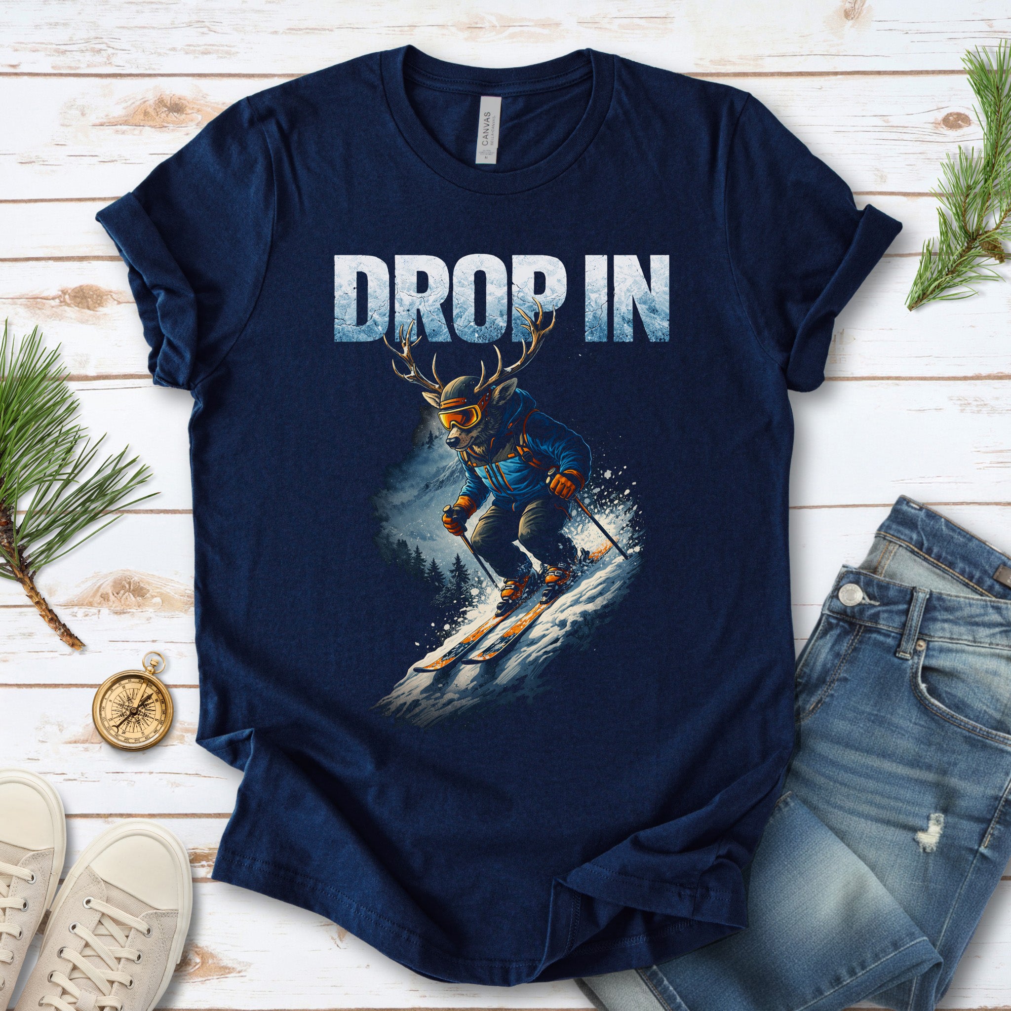 Drop In Retro Skiing Animal Adventure Winter T-Shirt