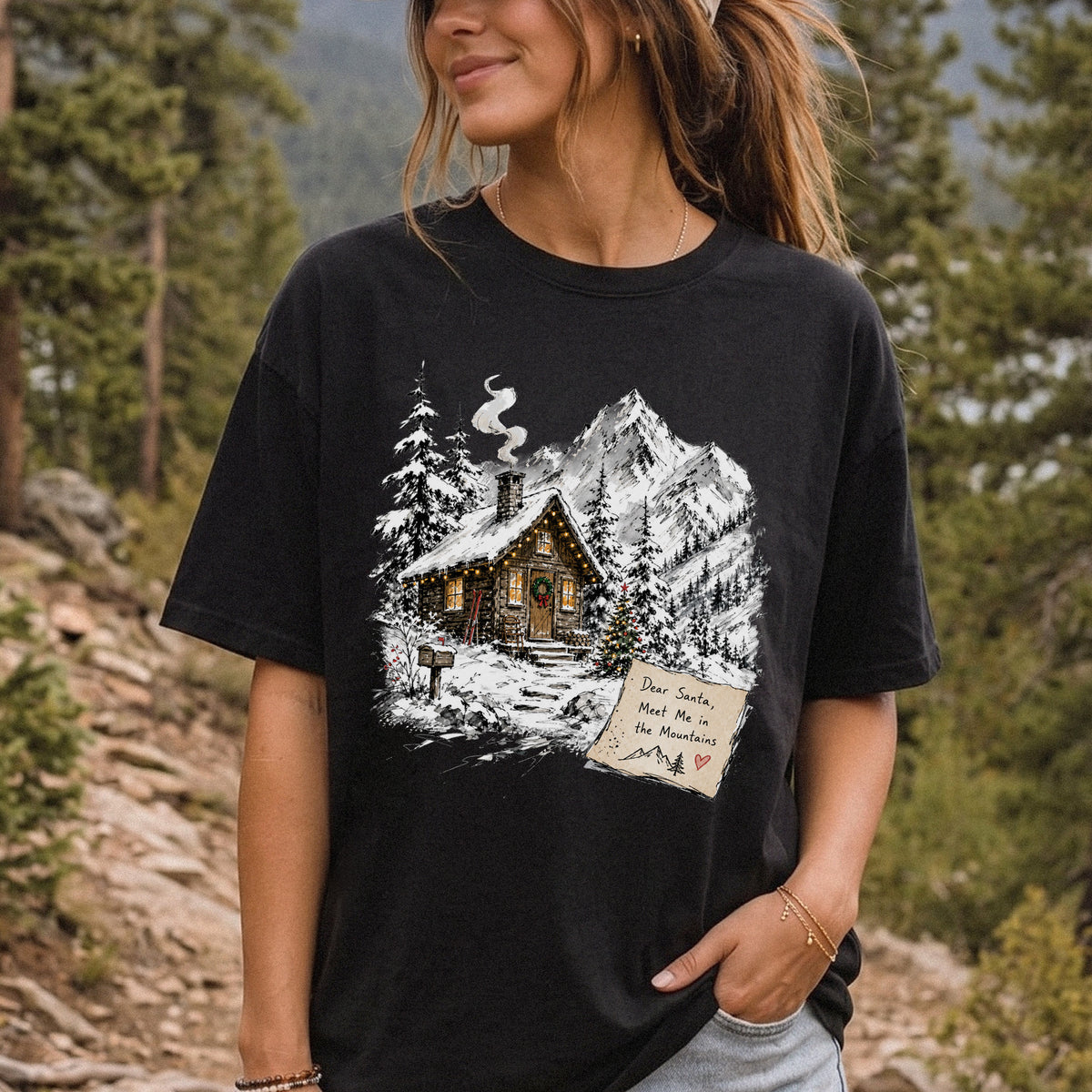 Dear Santa, Meet Me in the Mountains Comfort Colors Shirt – Cozy Christmas Cabin Tee
