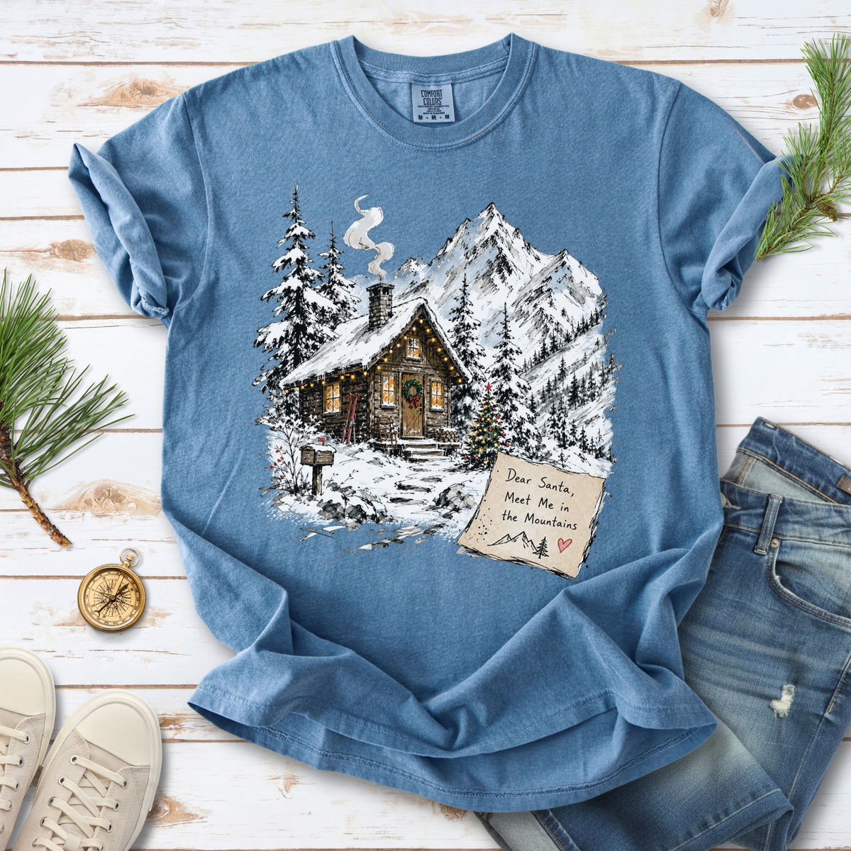 Dear Santa, Meet Me in the Mountains Comfort Colors Shirt – Cozy Christmas Cabin Tee