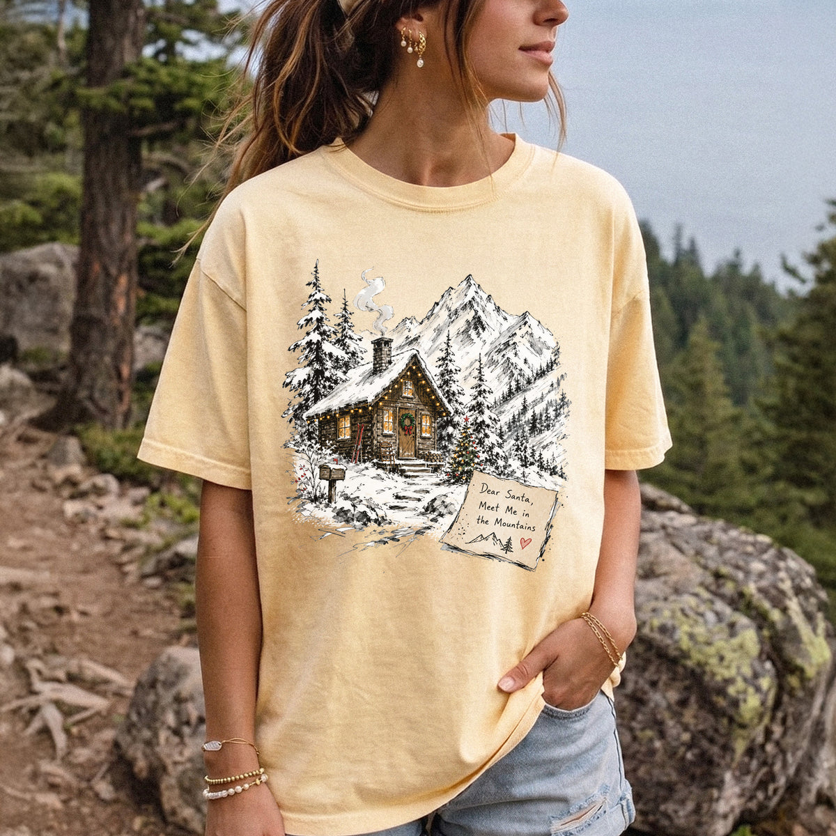 Dear Santa, Meet Me in the Mountains Comfort Colors Shirt – Cozy Christmas Cabin Tee