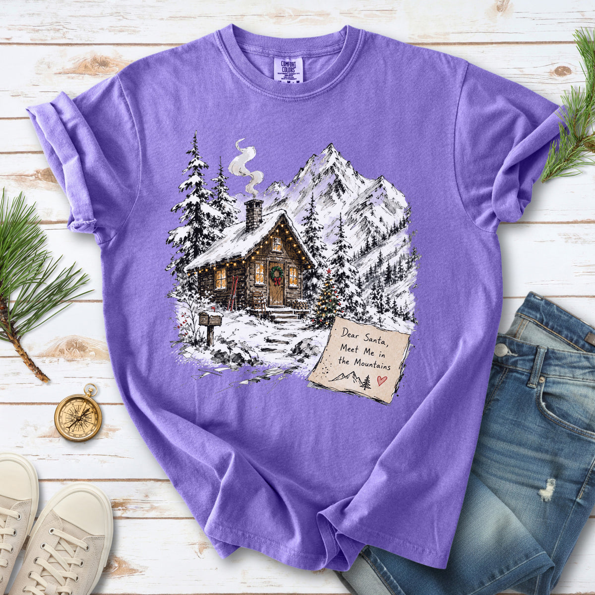 Dear Santa, Meet Me in the Mountains Comfort Colors Shirt – Cozy Christmas Cabin Tee