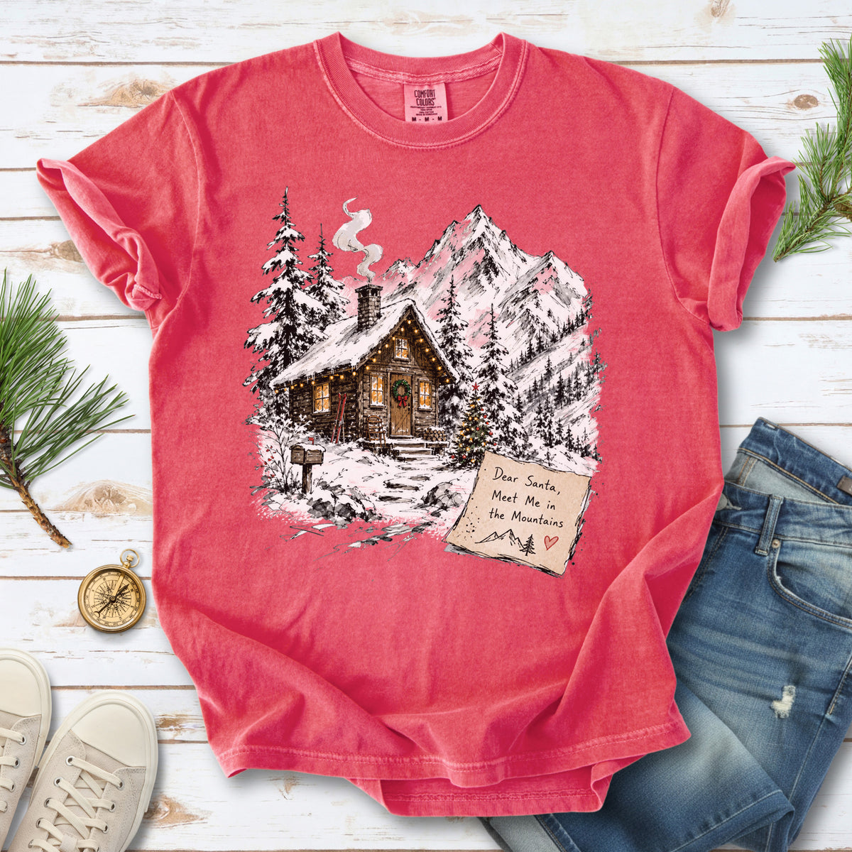 Dear Santa, Meet Me in the Mountains Comfort Colors Shirt – Cozy Christmas Cabin Tee