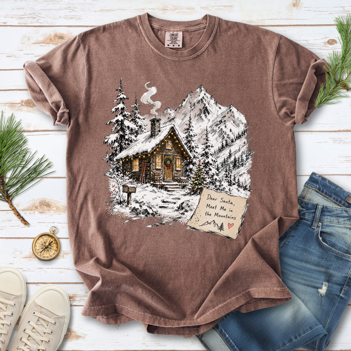 Dear Santa, Meet Me in the Mountains Comfort Colors Shirt – Cozy Christmas Cabin Tee