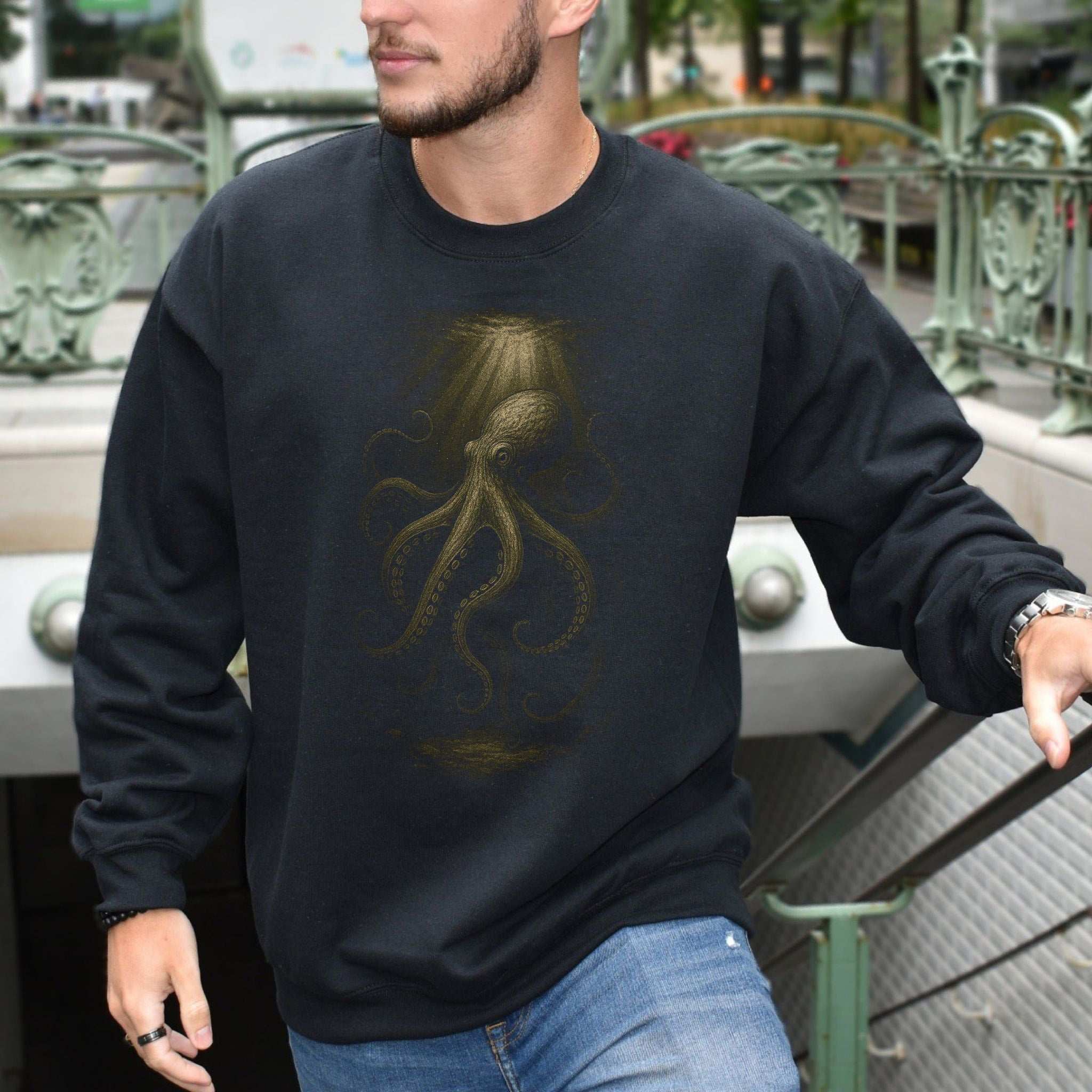 Octopus Spirit Animal Sweatshirt – Deep Sea Mystic Vibes worn by a model, showcasing vintage marine sketch design.