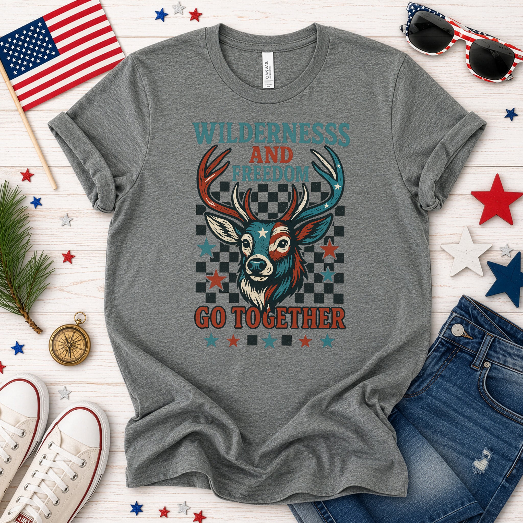 Deer Wilderness and Freedom 4th of July T-Shirt