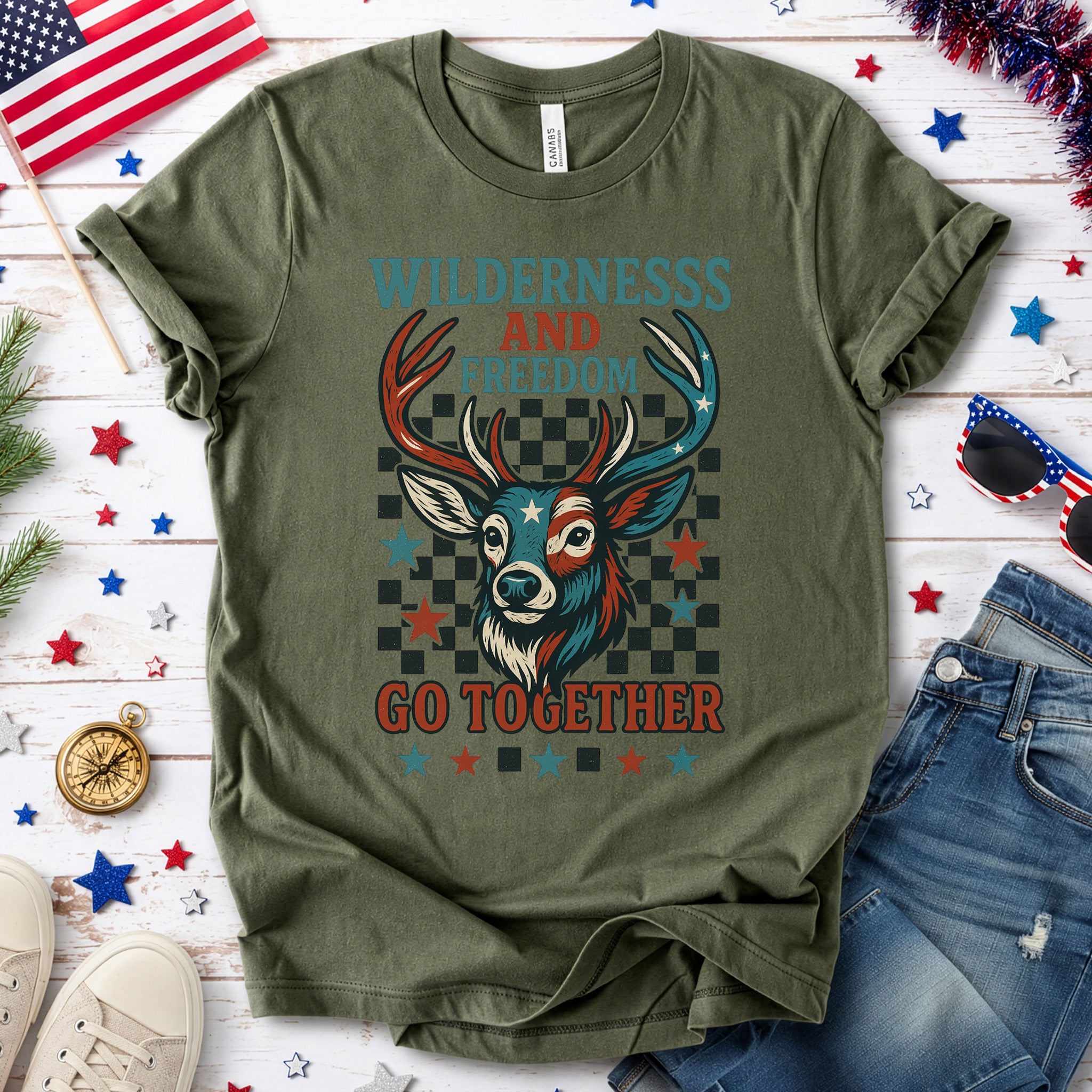 Deer Wilderness and Freedom 4th of July T-Shirt