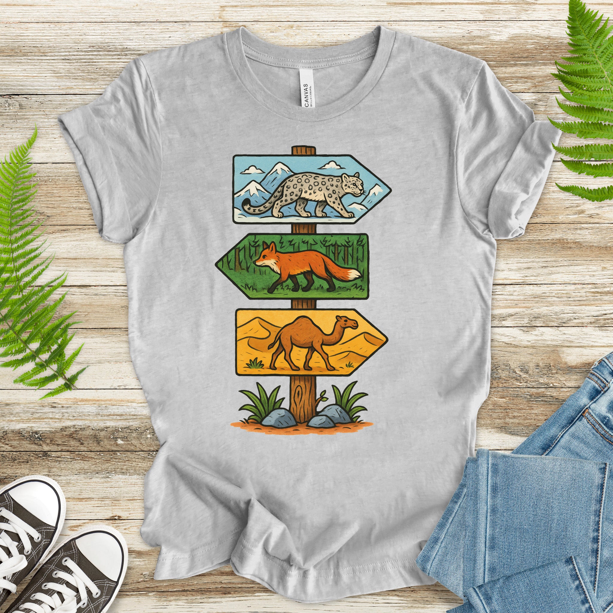 Wildlife Direction Sign T-Shirt – Snow Leopard, Fox & Camel Adventure Tee
