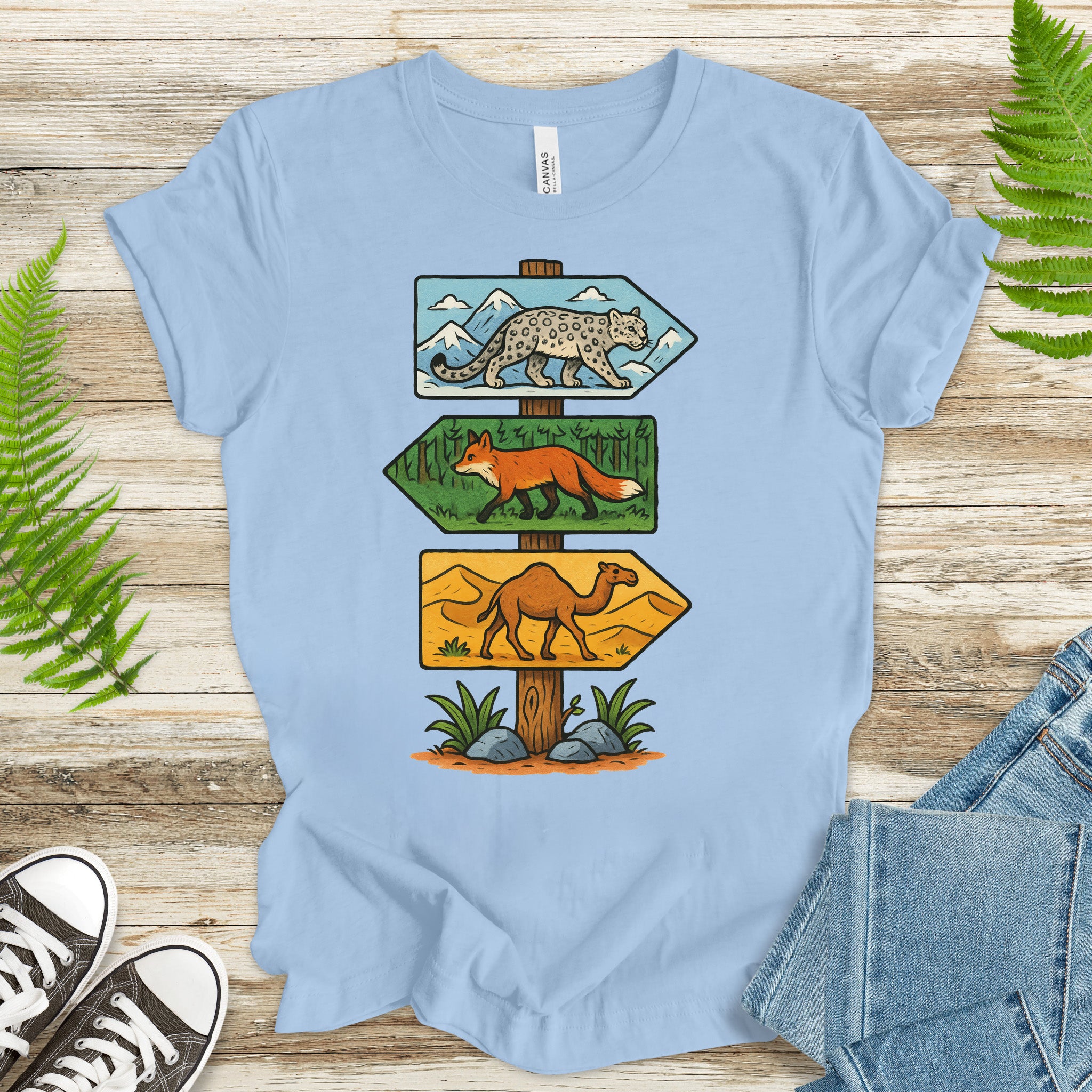 Wildlife Direction Sign T-Shirt – Snow Leopard, Fox & Camel Adventure Tee