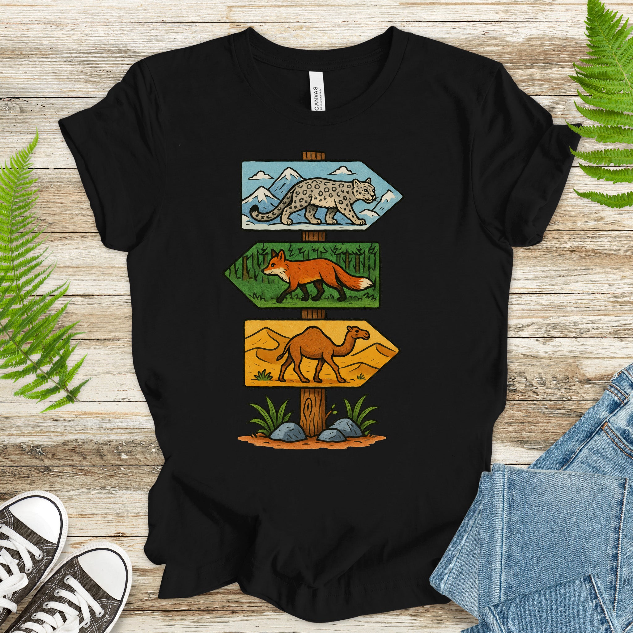 Wildlife Direction Sign T-Shirt – Snow Leopard, Fox & Camel Adventure Tee