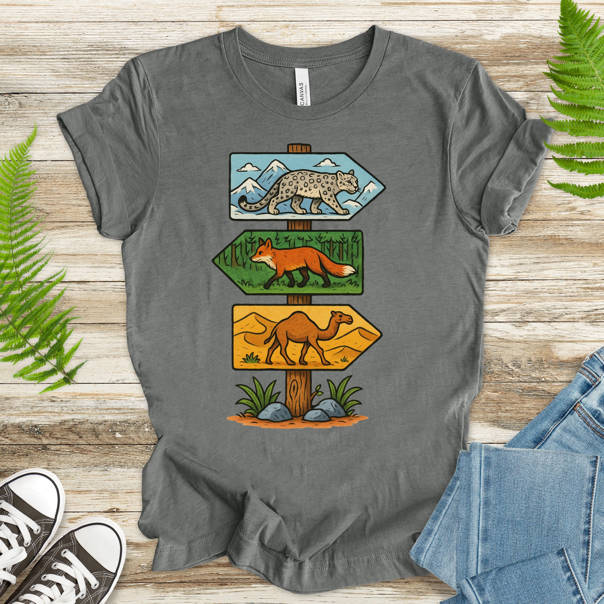 Wildlife Direction Sign T-Shirt – Snow Leopard, Fox & Camel Adventure Tee